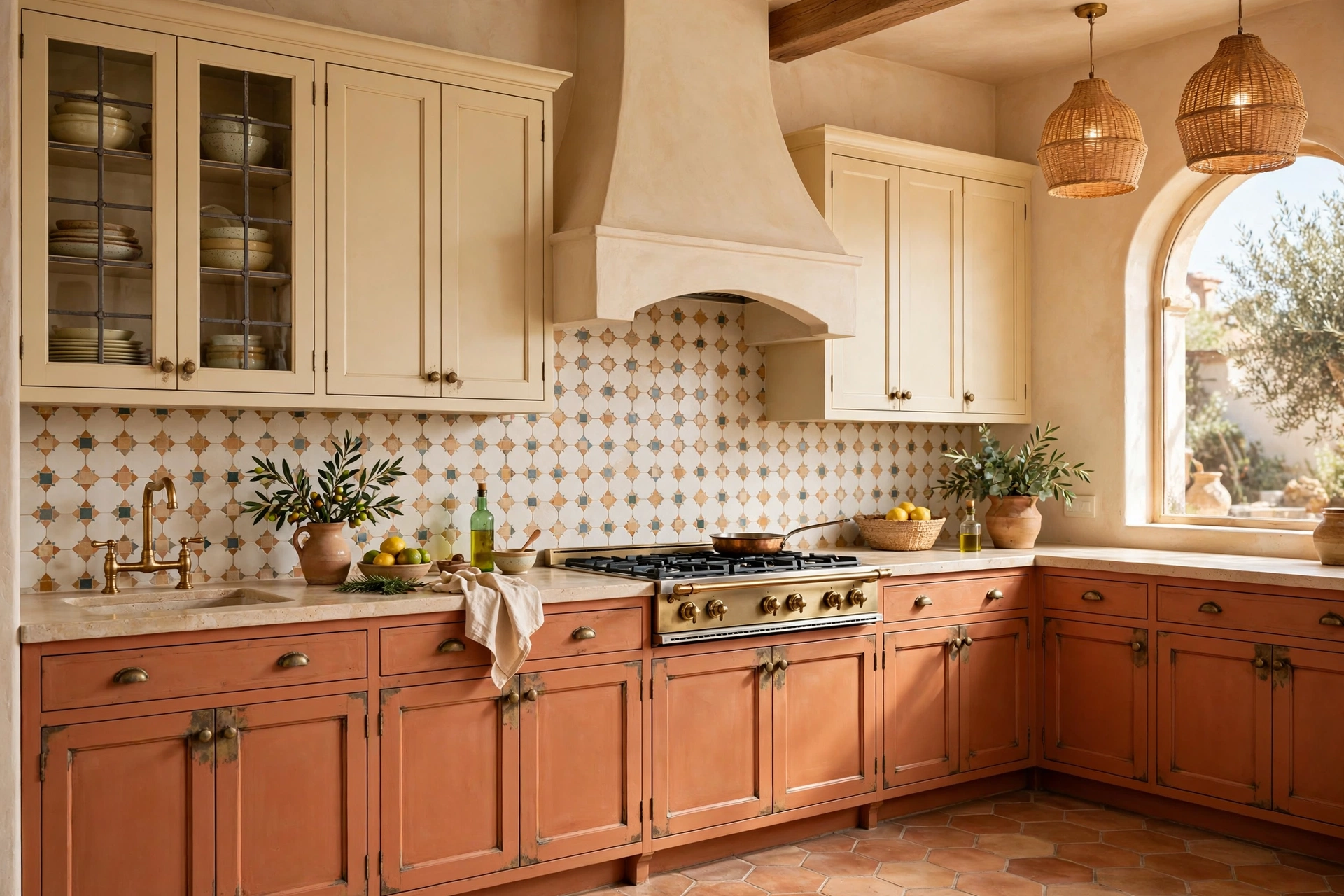 Terracotta lower cabinets with warm cream uppers in a Mediterranean kitchen