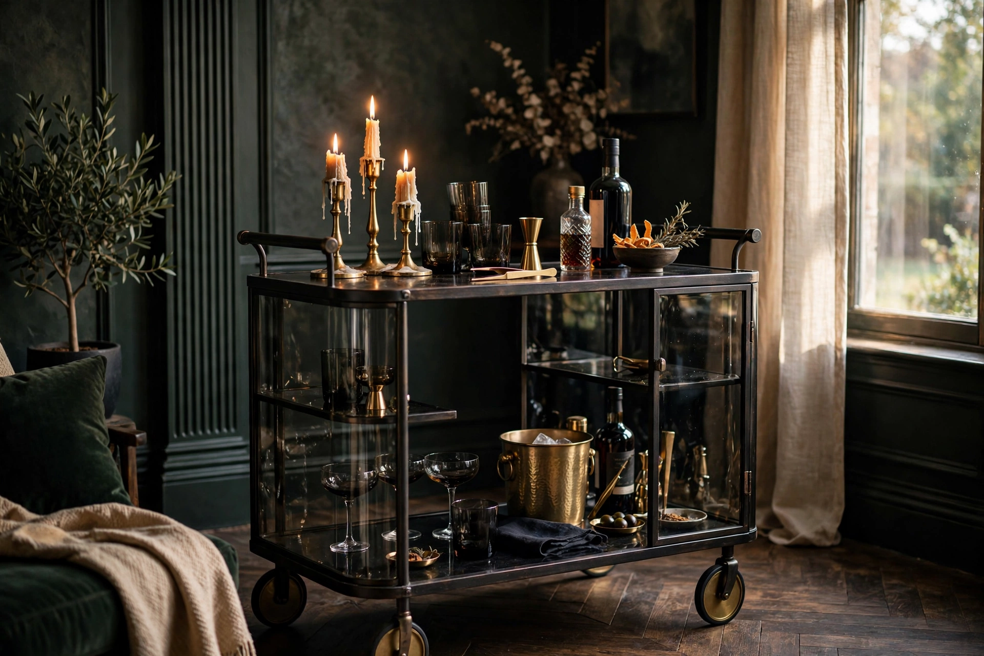 Dark Moody Bar Cart With Smoked Glass And Brass Candlelight