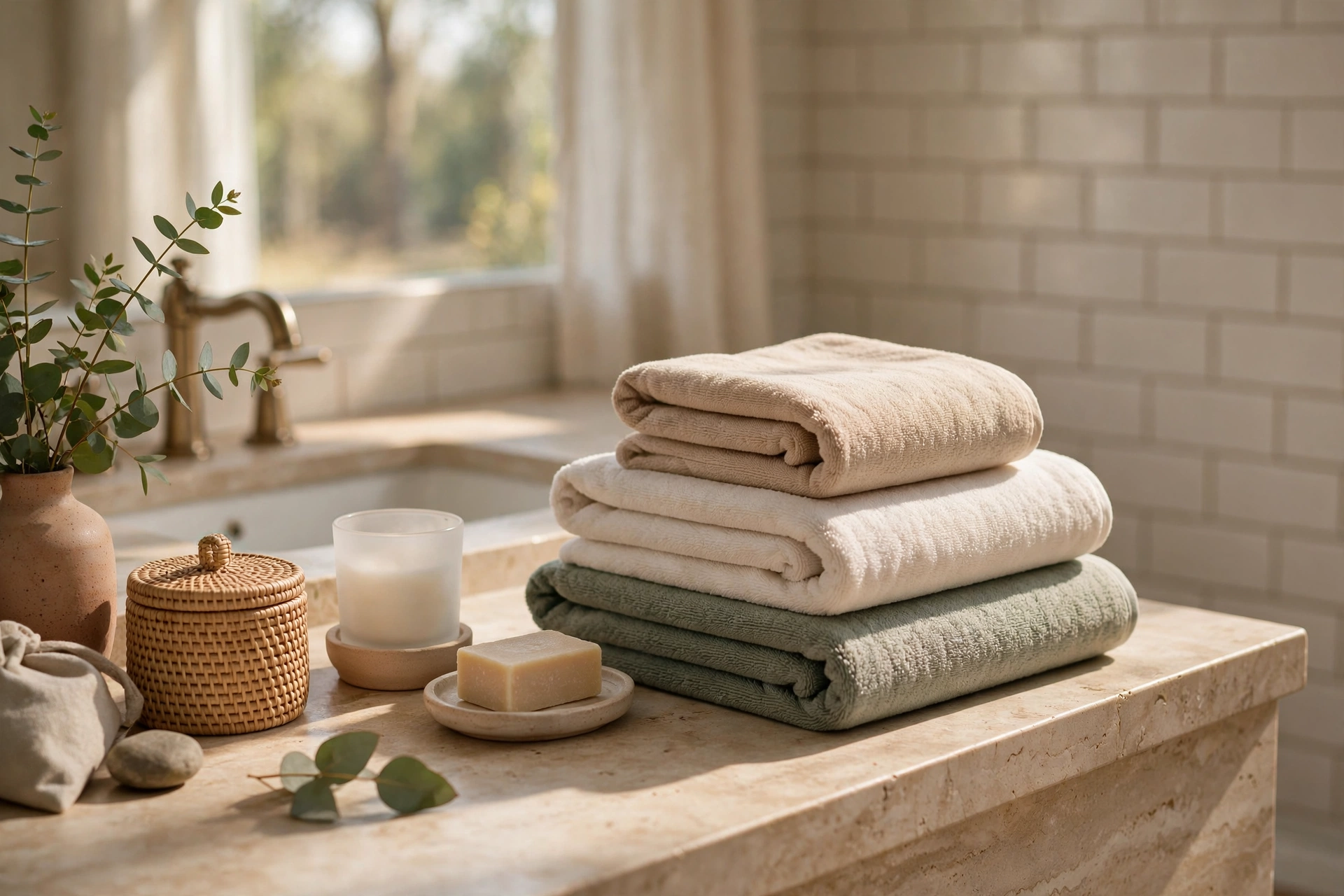 Neatly Folded Towels Styled On Bathroom Counter