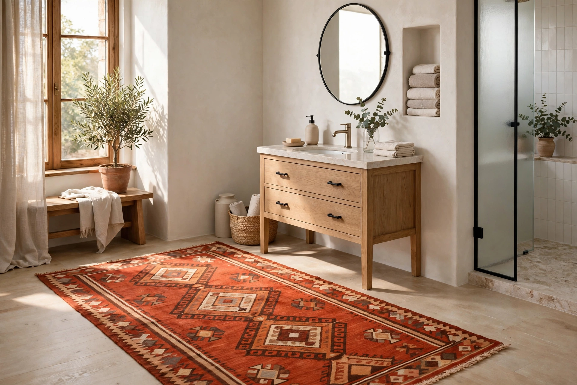 Bold Terracotta Rug As A Colorful Focal Point In A Neutral Bathroom