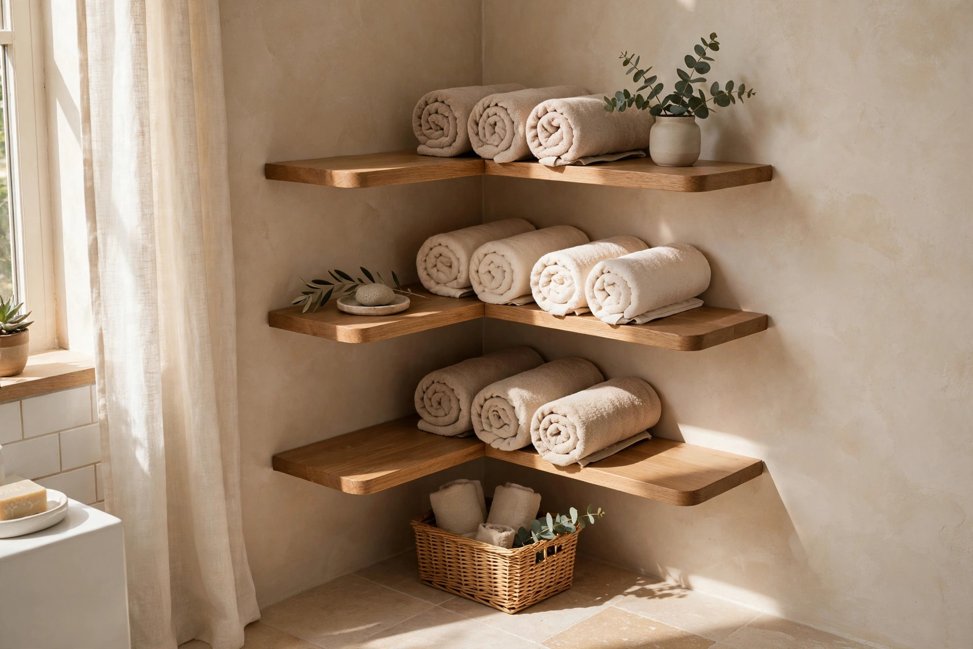 Tiered Corner Shelves With Rolled Towels In A Bathroom Corner