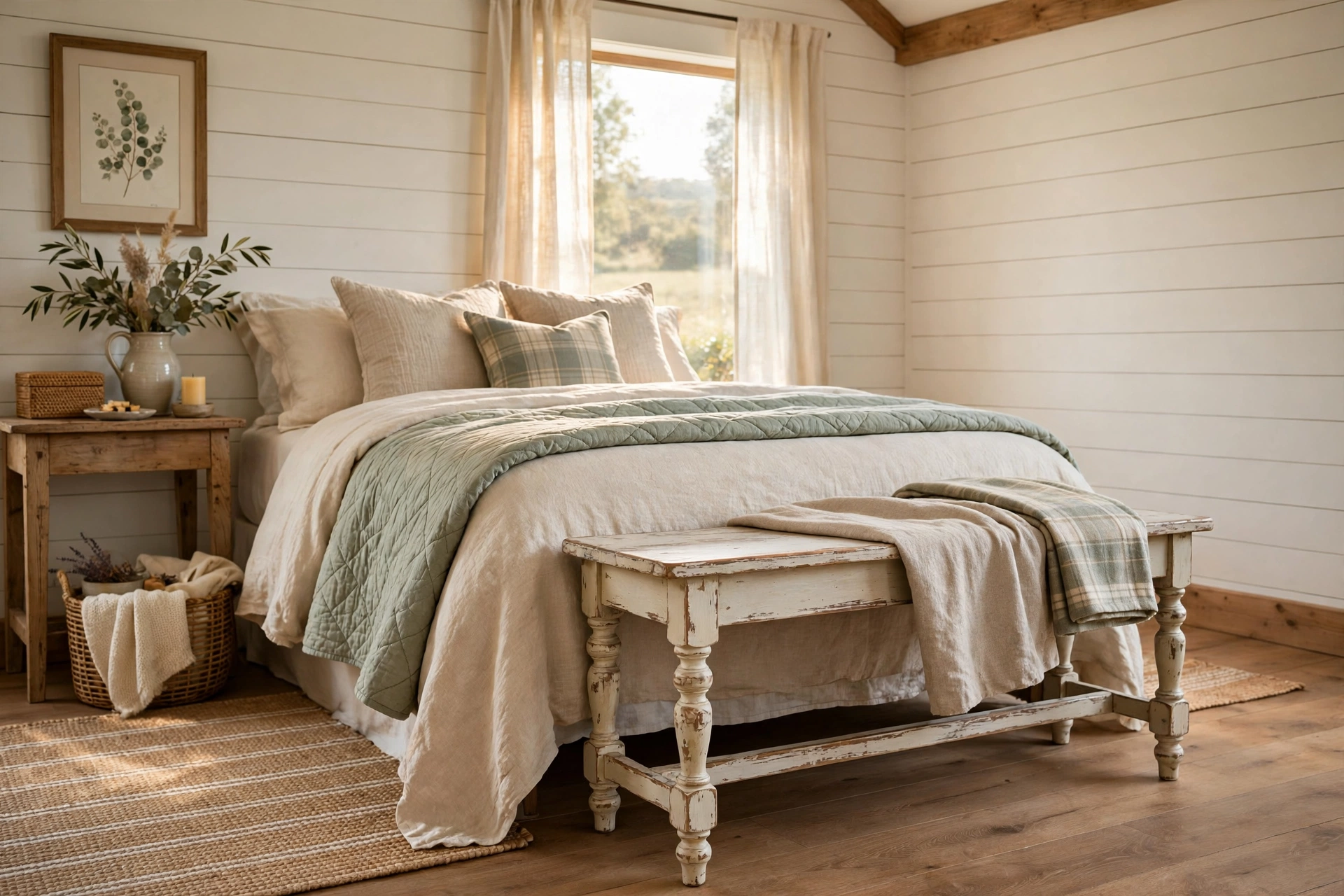 Farmhouse Bench with Turned Legs and Distressed Finish in Country Bedroom