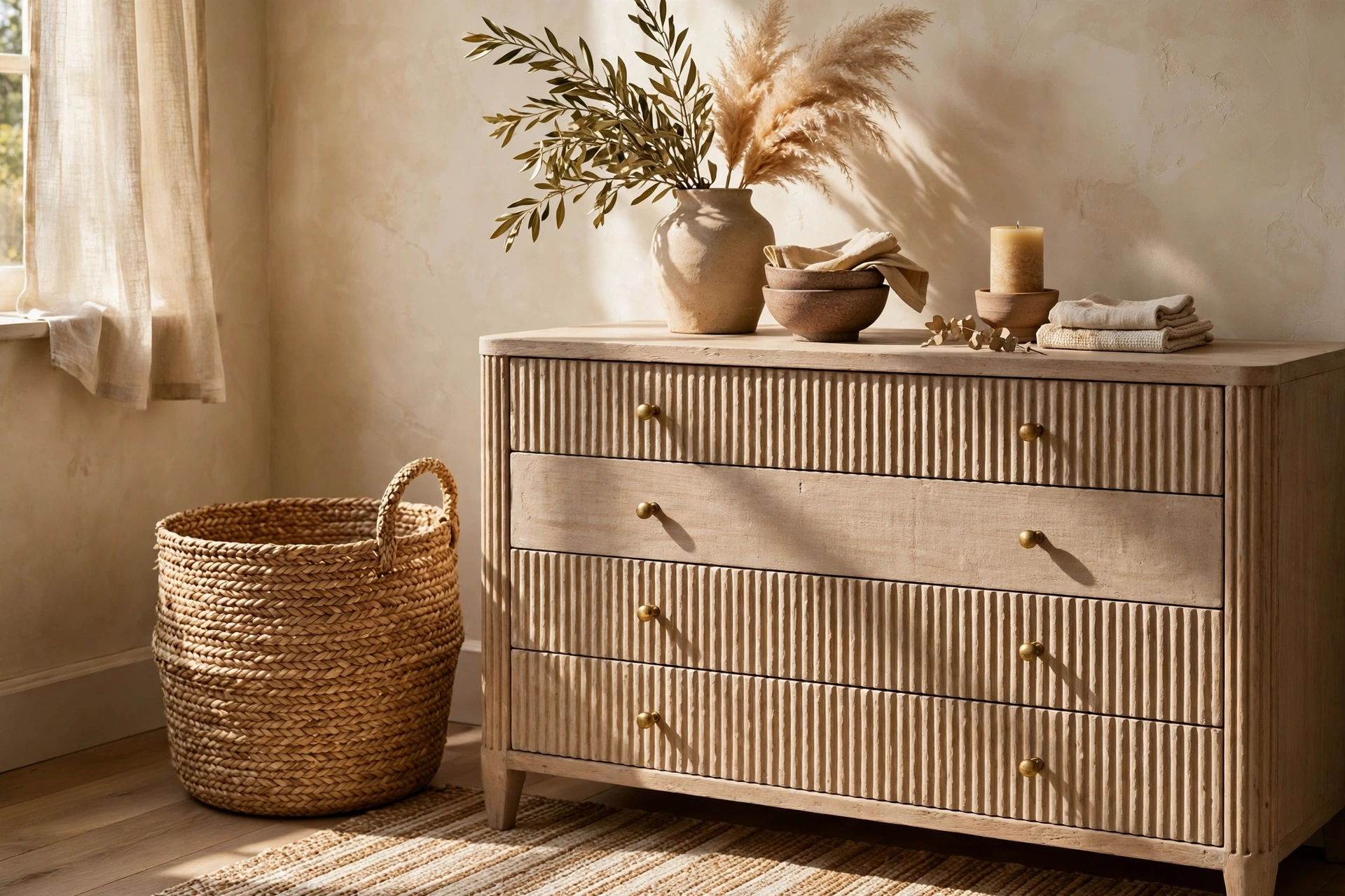 Woven Basket Beside a Styled Dresser With Texture