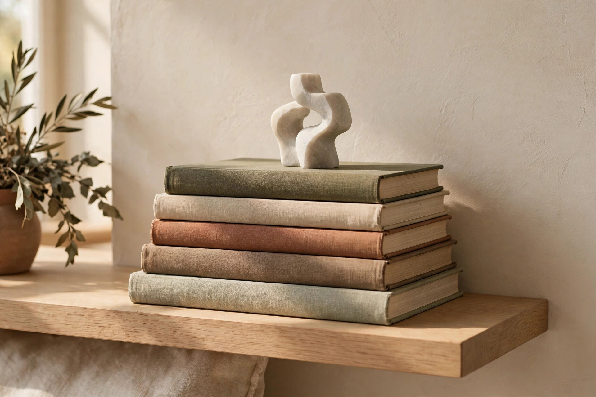 Horizontal Book Stack Topped With A Small Sculpture On A Shelf
