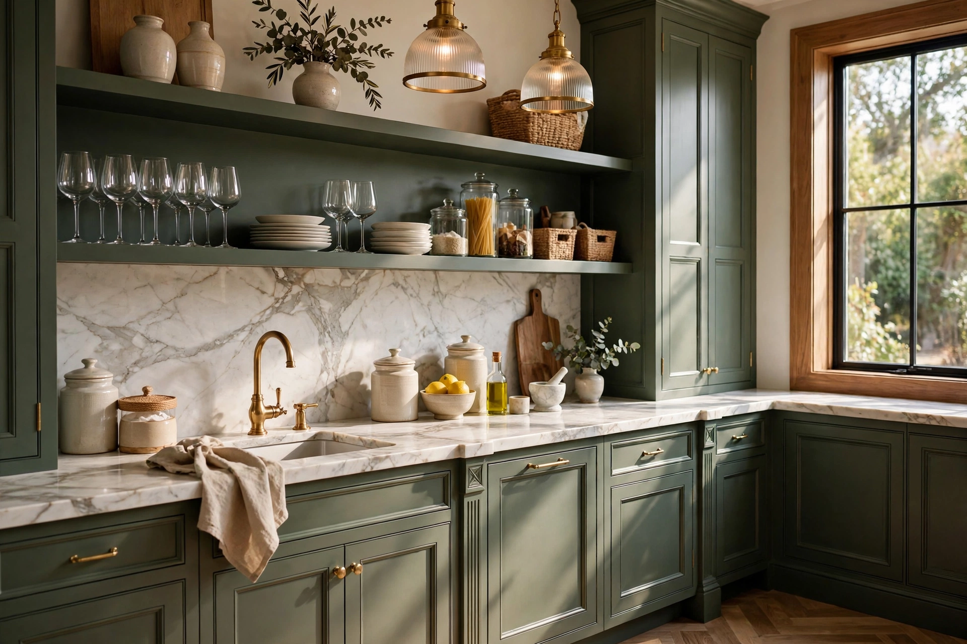 Luxurious Marble Counters In An Elegant Butler's Pantry