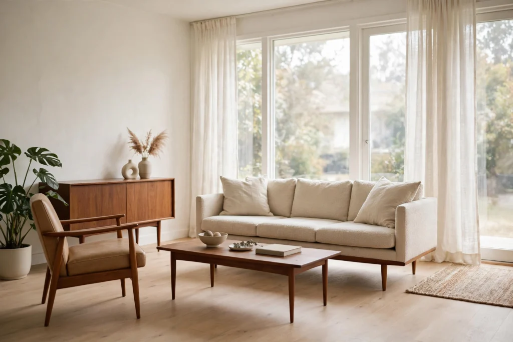 Airy mid-century living room with low leggy furniture and clear open surfaces
