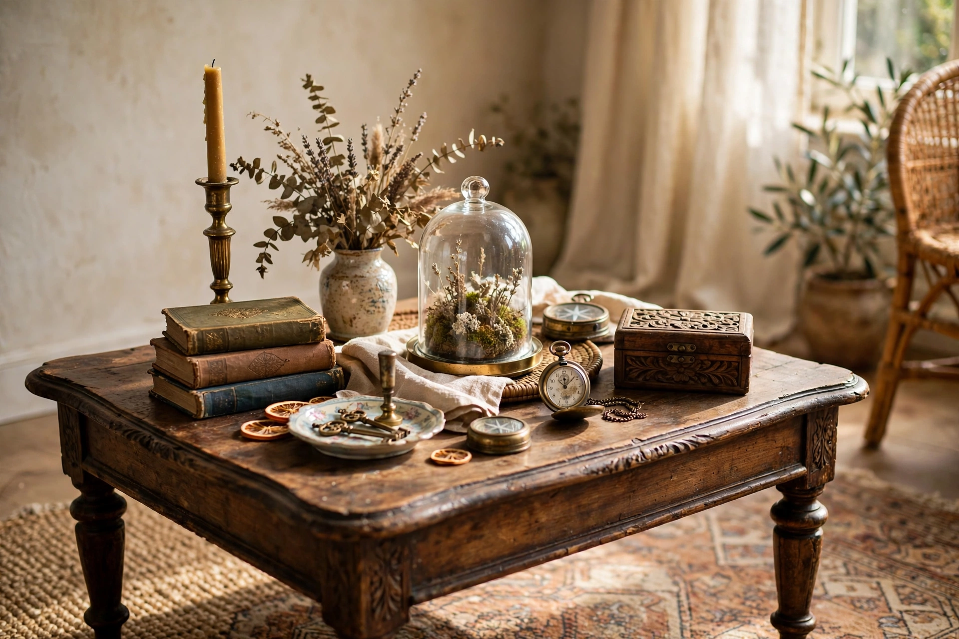 Vintage Decorative Finds on Antique Coffee Table