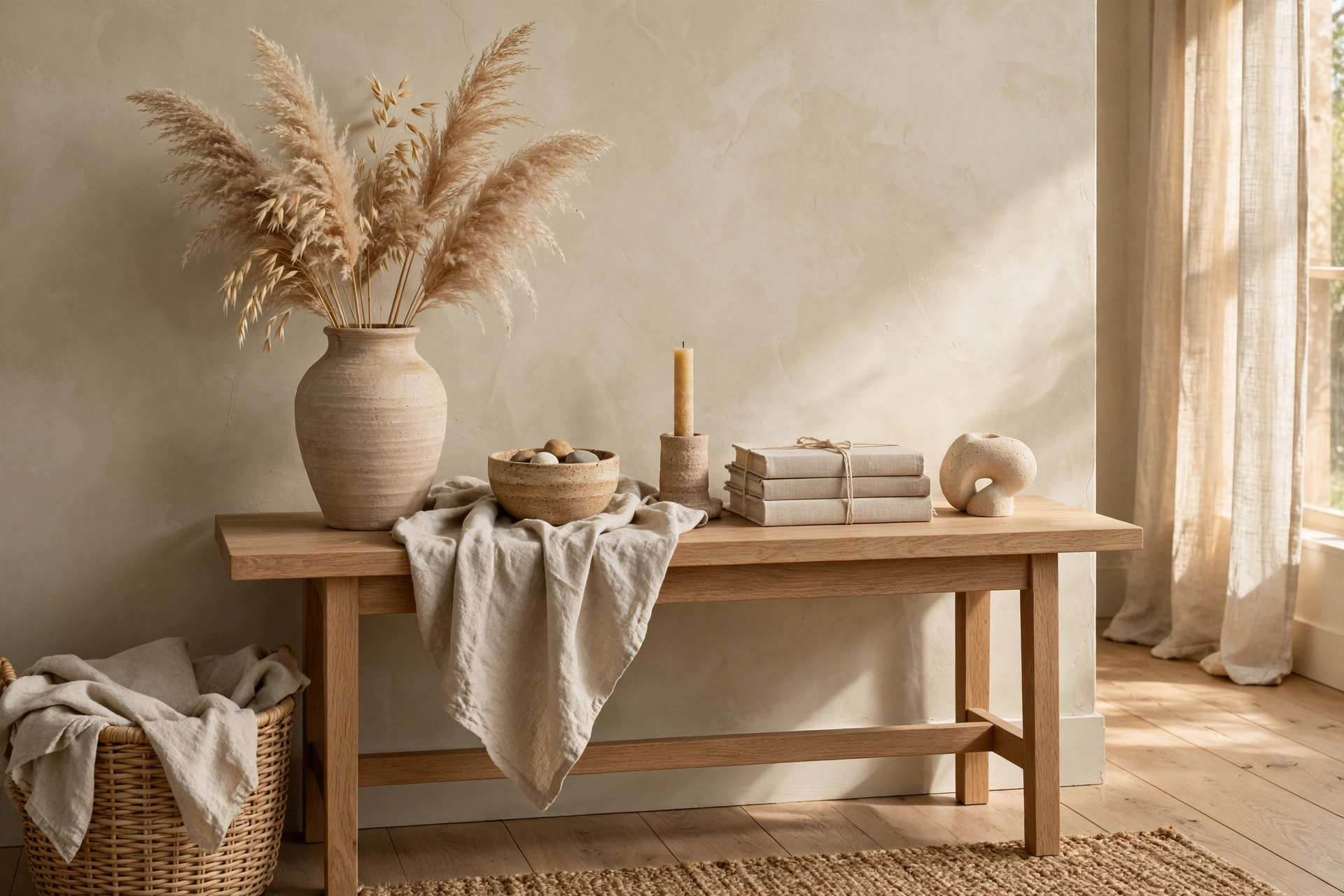 Neutral Console Table Vignette With Textured Natural Materials