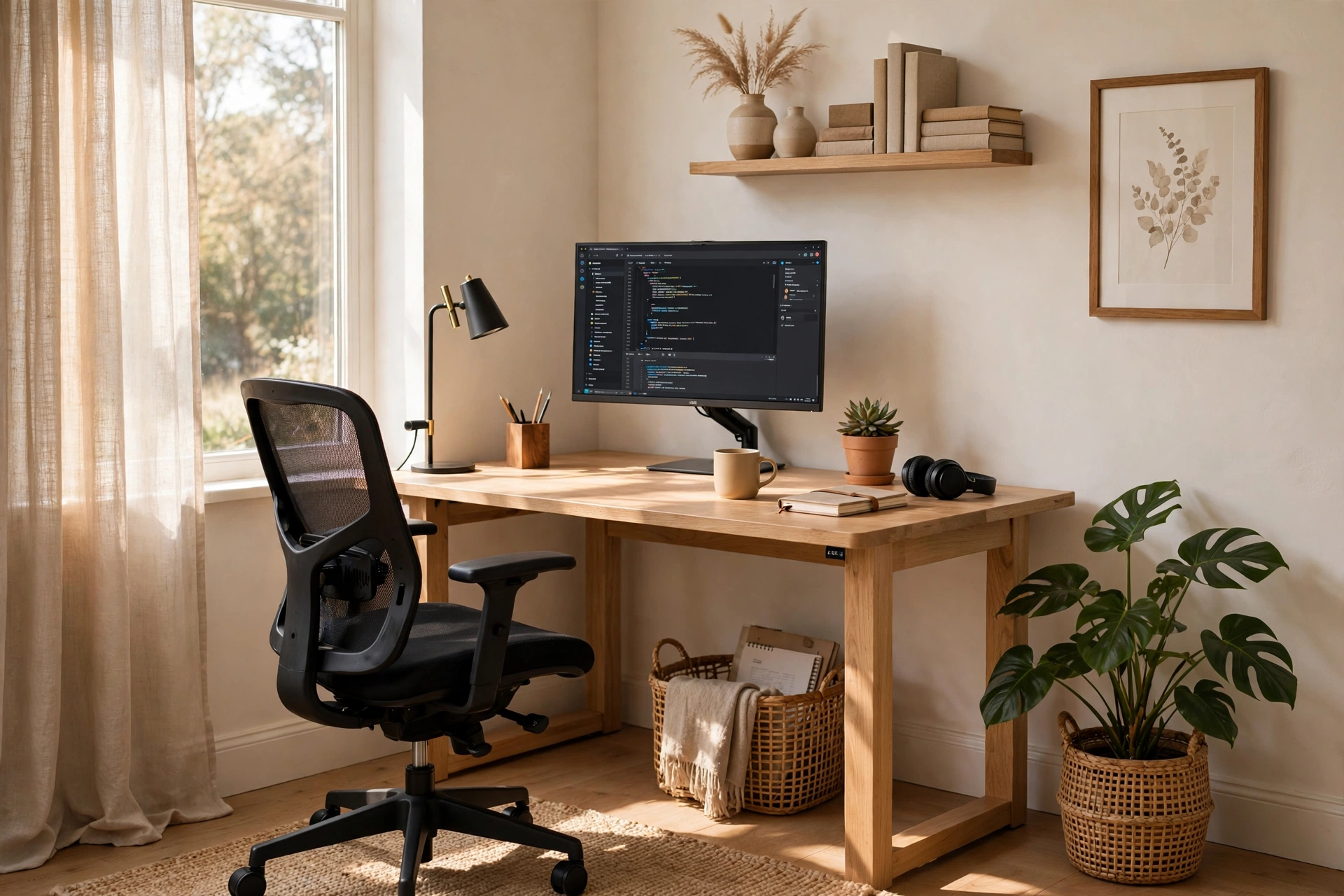 Corner Standing Desk Setup With An Ergonomic Chair And Monitor