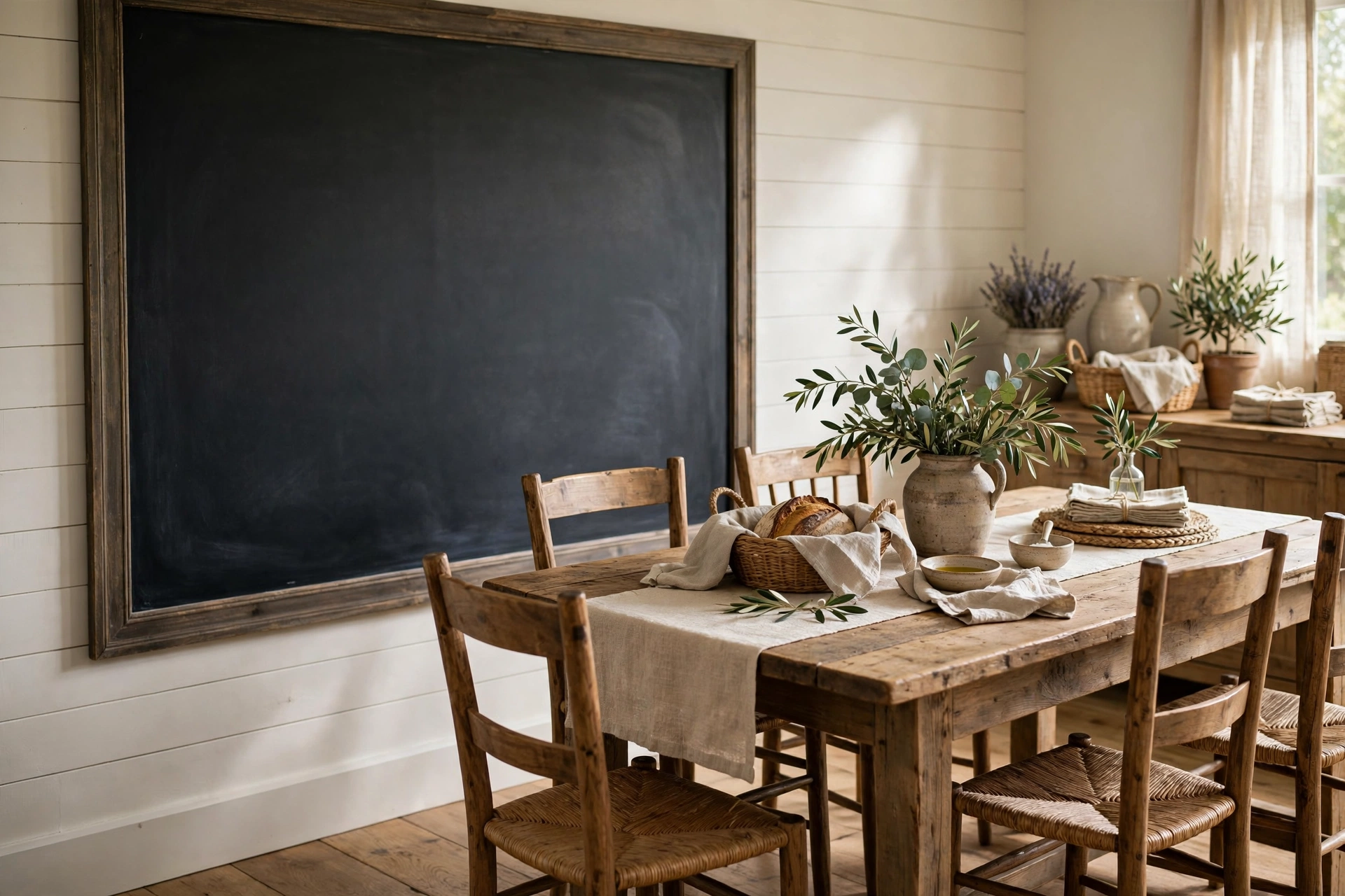 Chalkboard Menu Wall Beside a Farmhouse Dining Table