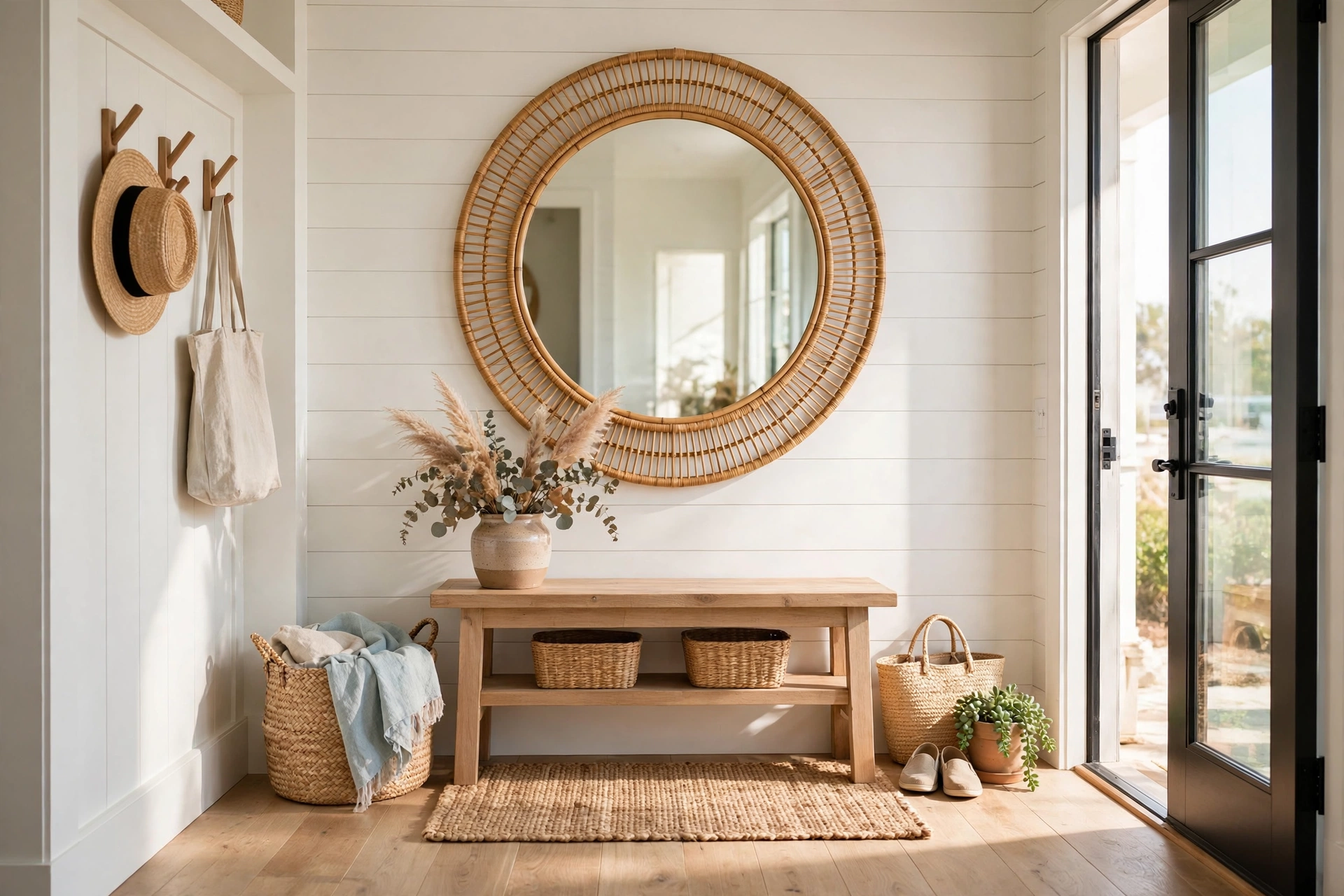 Rattan Framed Round Mirror in a Coastal Entryway