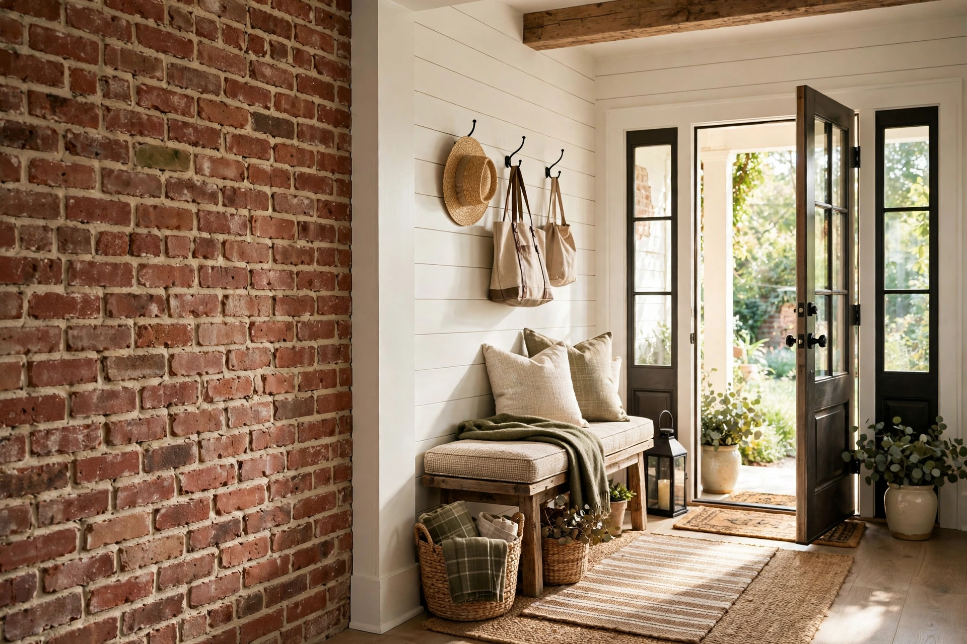 Exposed Brick Accent Wall in a Farmhouse Entryway