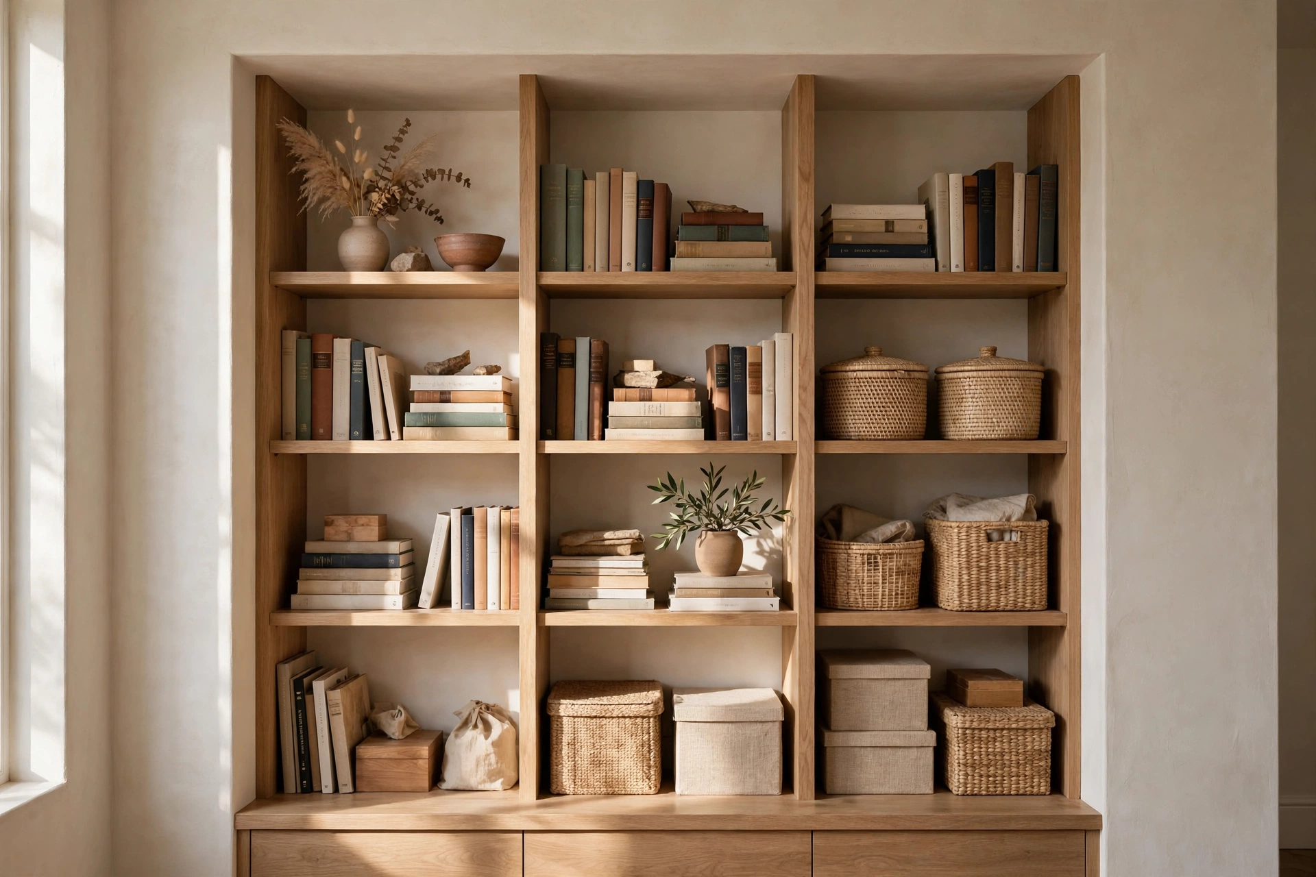Built-In Shelves Inside A Wall Alcove With Books And Storage Boxes