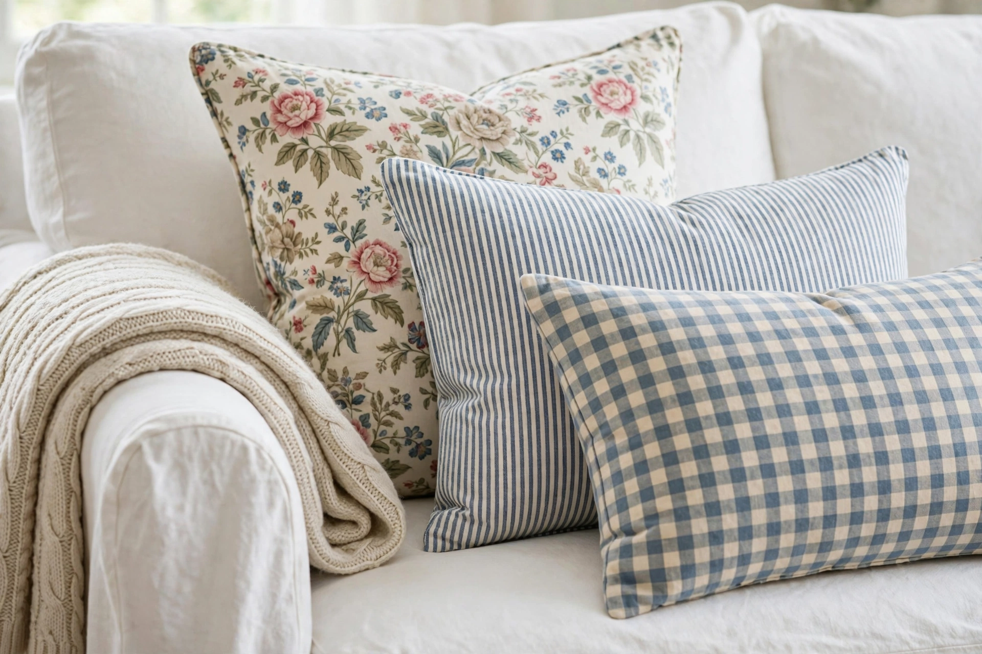Layered floral chintz and ticking stripe pillows on a white slipcovered cottage sofa