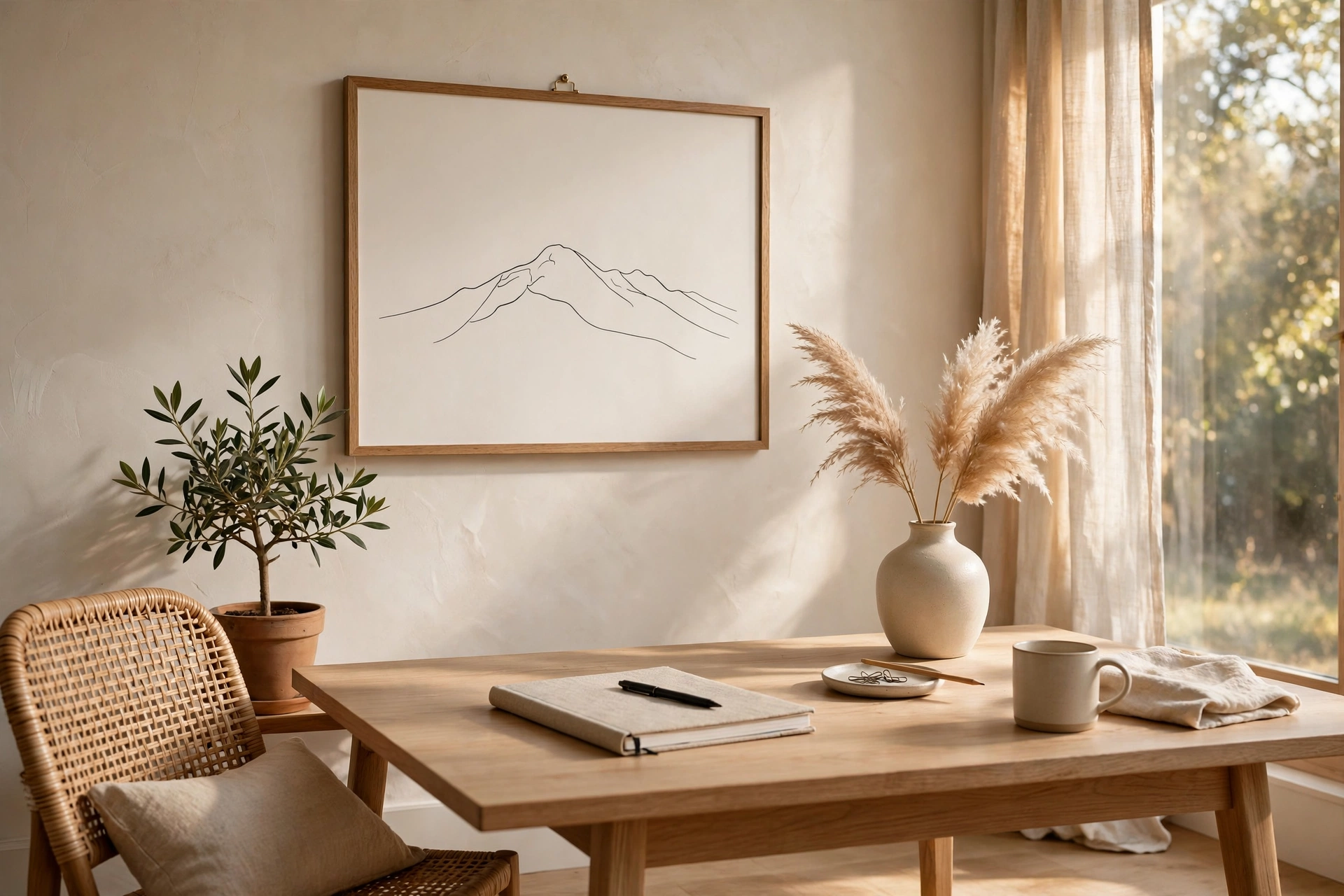 Home Office Wall With Minimalist Line Art Drawing