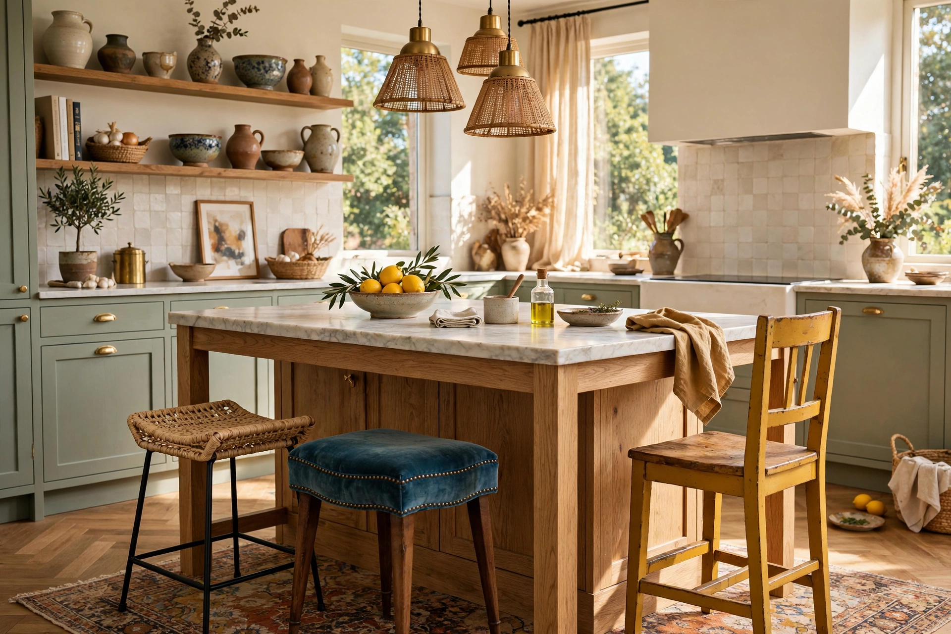 Kitchen Island With Mix And Match Stools For Eclectic Charm