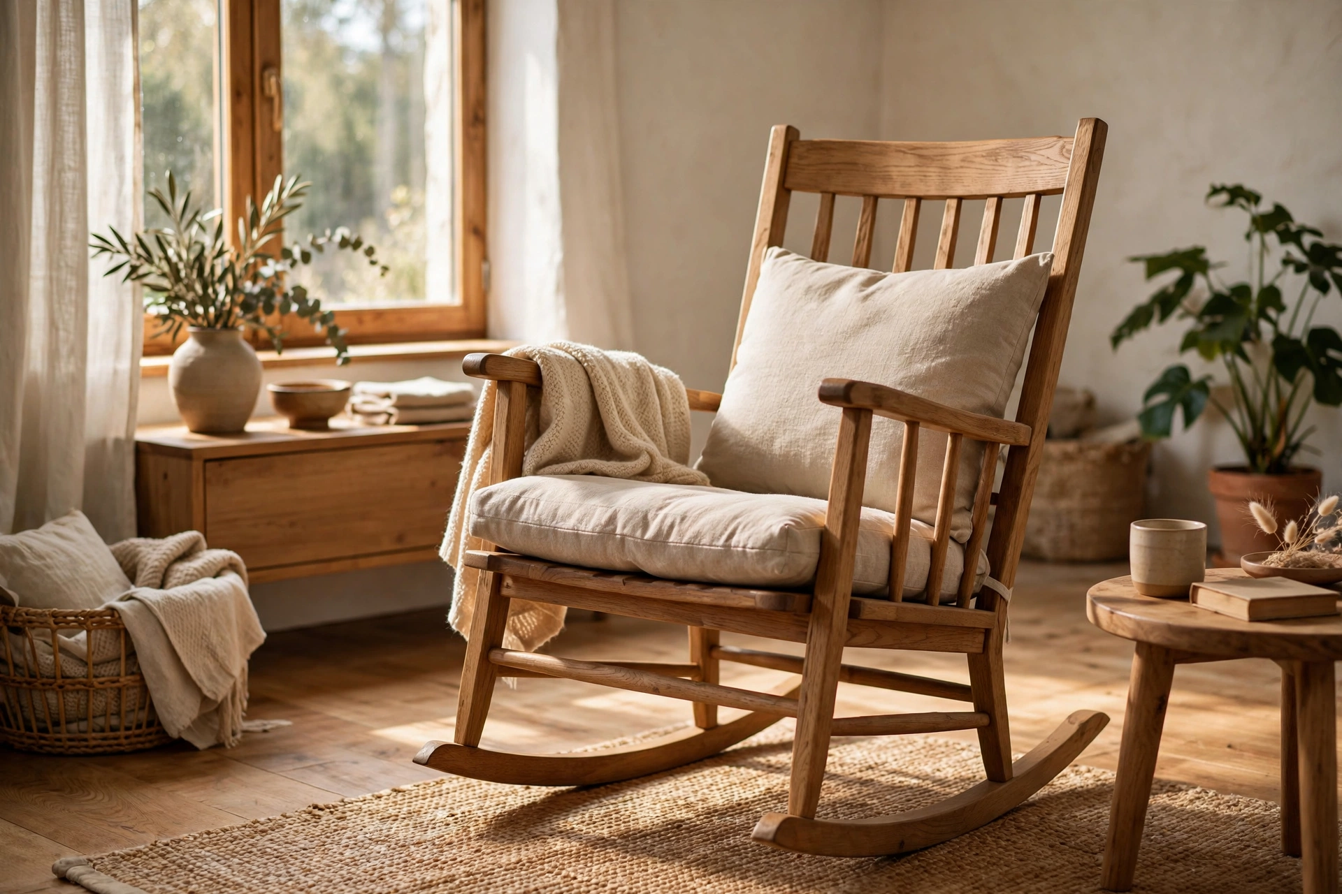 Wooden Rocking Chair With Cushion In A Relaxed Living Room