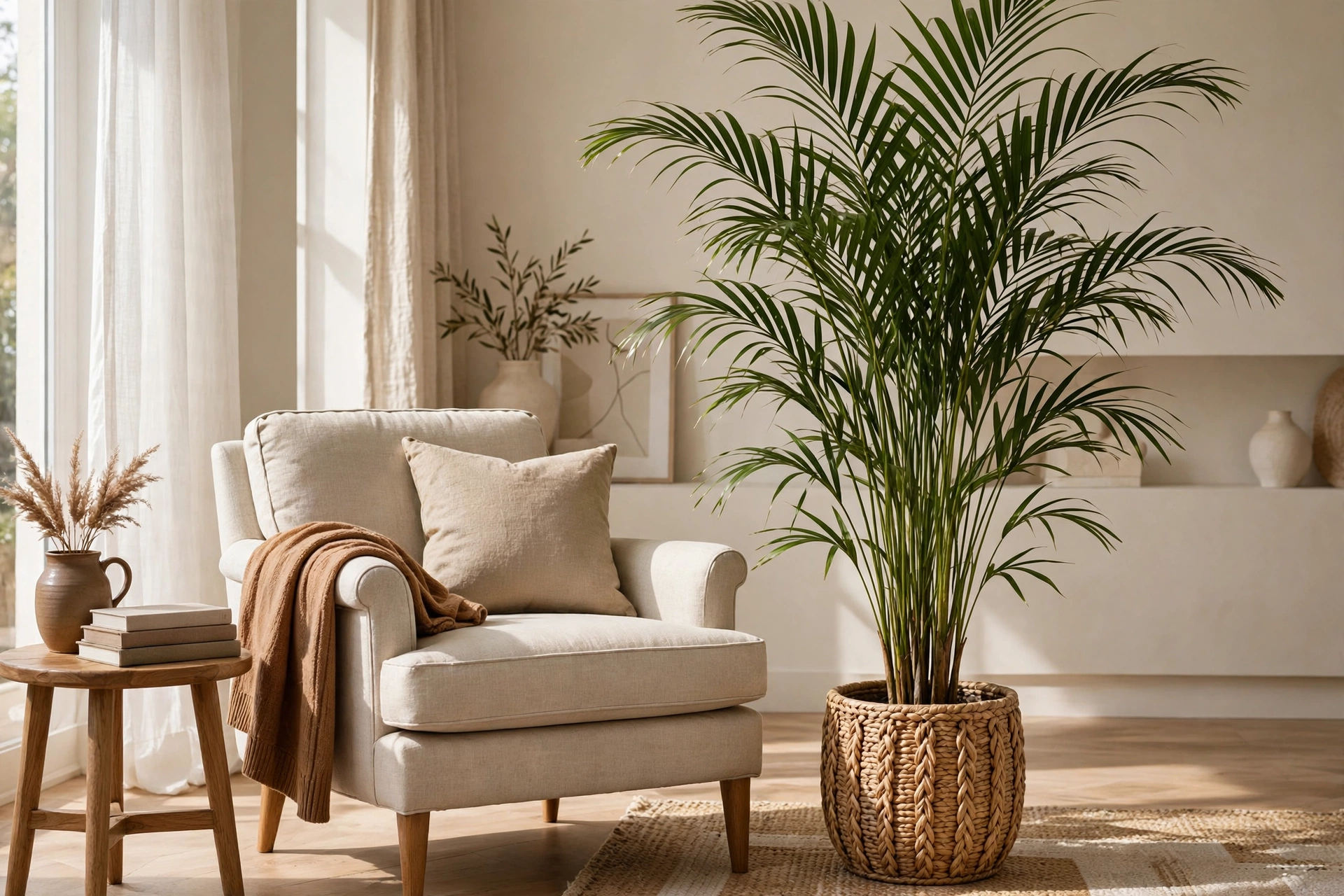 Tall Kentia Palm In A Decorative Planter Beside A Reading Armchair