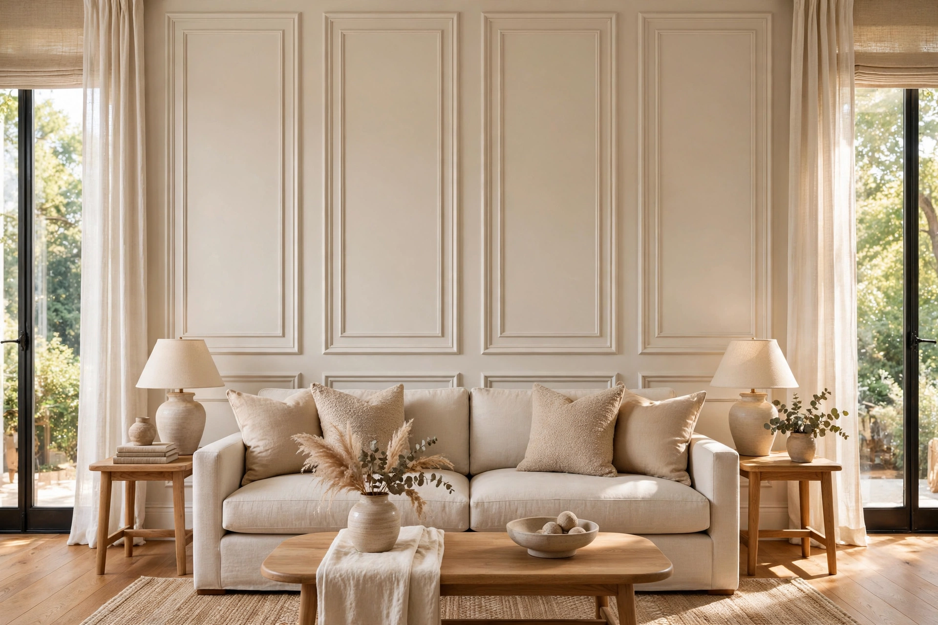 Symmetrical Wall Molding Panels Behind A Living Room Sofa