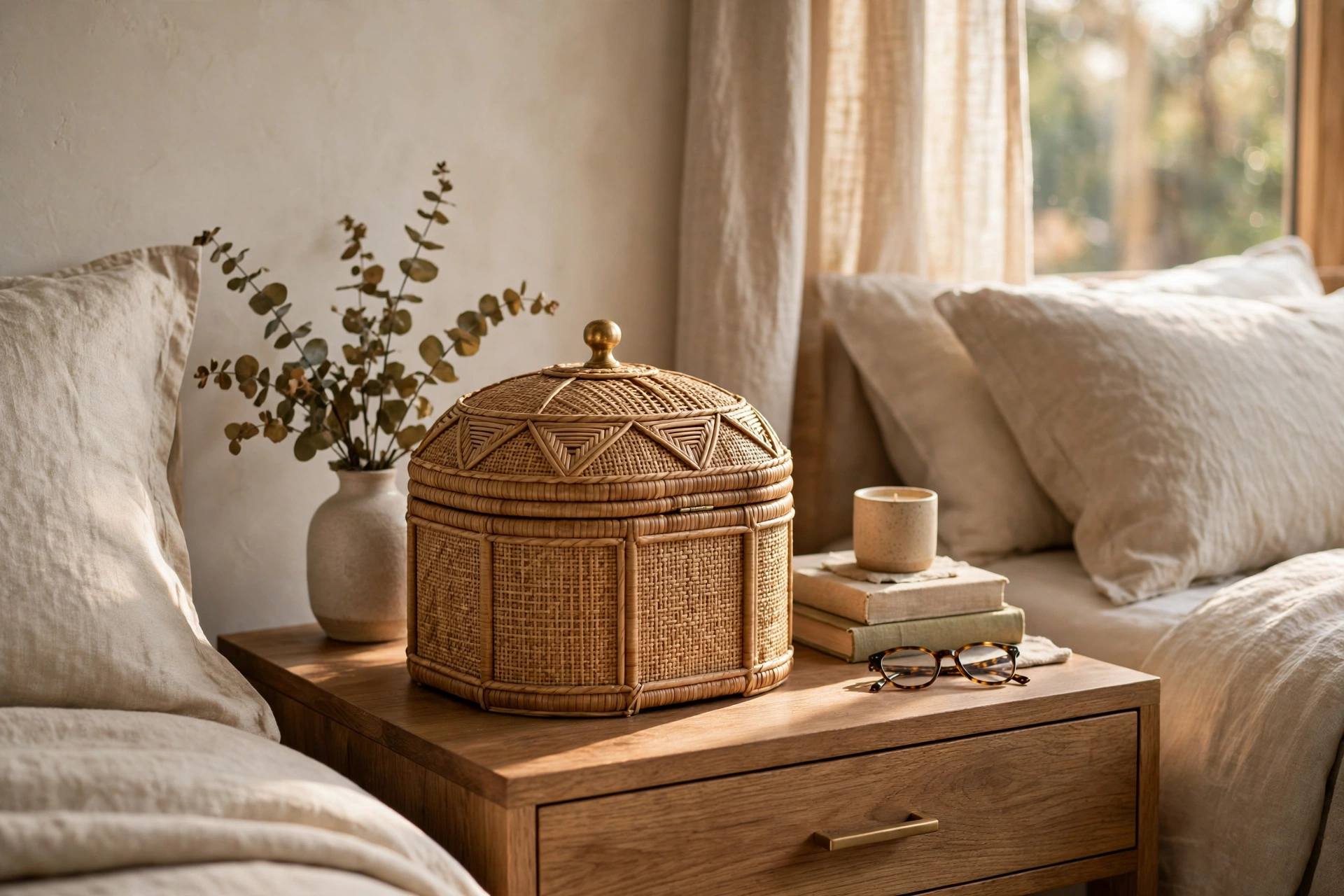 Decorative Lidded Storage Box On Nightstand