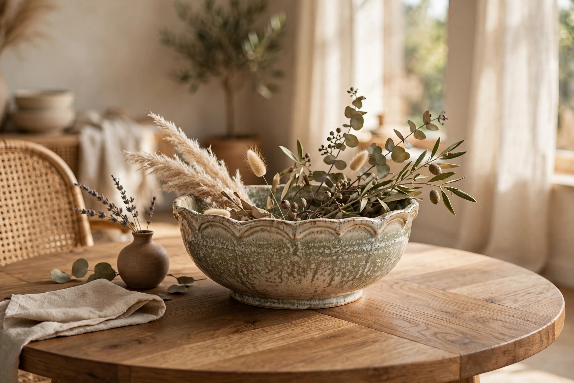 Decorative Ceramic Bowl Centerpiece on a Round Wood Table