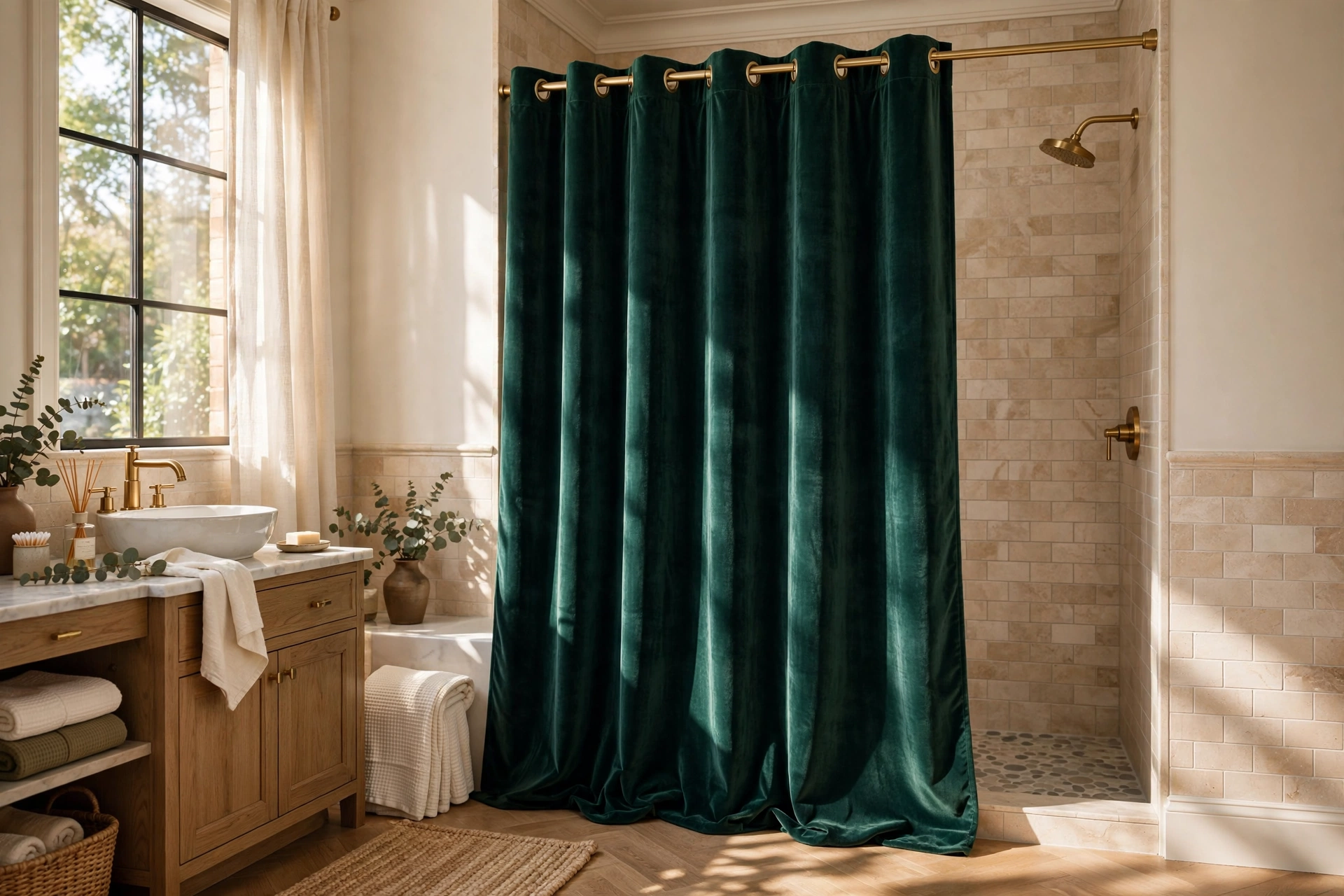 Luxe Emerald Velvet Look Shower Curtain Elegance
