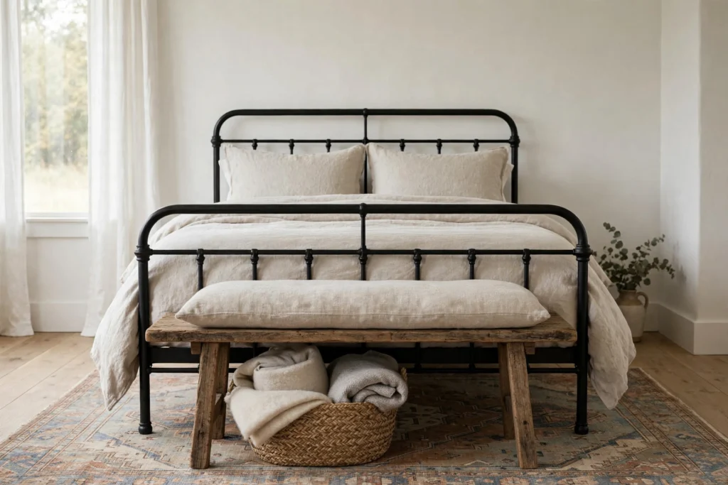 Wooden bench with a linen cushion at the foot of a farmhouse bed with a woven basket beneath