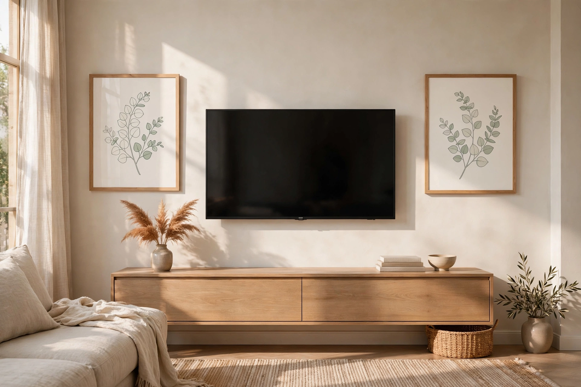 Symmetrical Pair Of Framed Art Prints Beside A TV