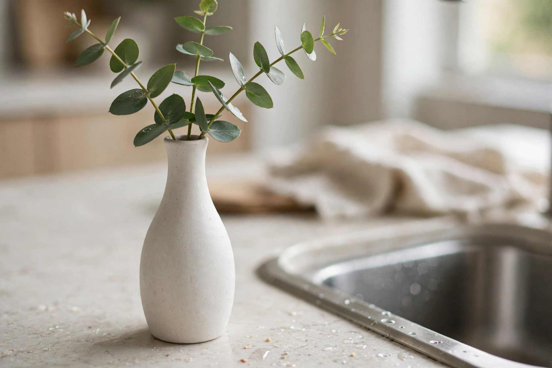 Bud Vase With Seasonal Stems On Kitchen Counter
