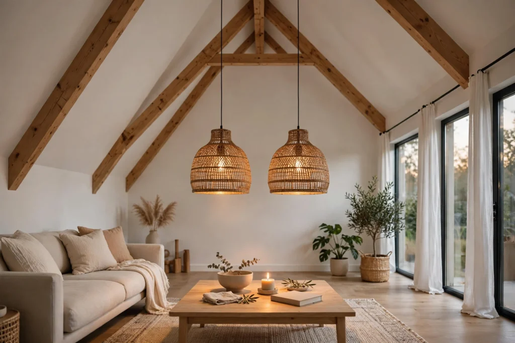 Pendant Lights Hanging In High Ceiling Living Room