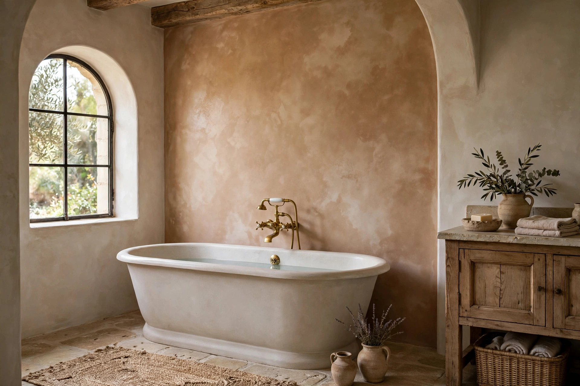 Limewash Accent Wall With Soft Movement In Bathroom