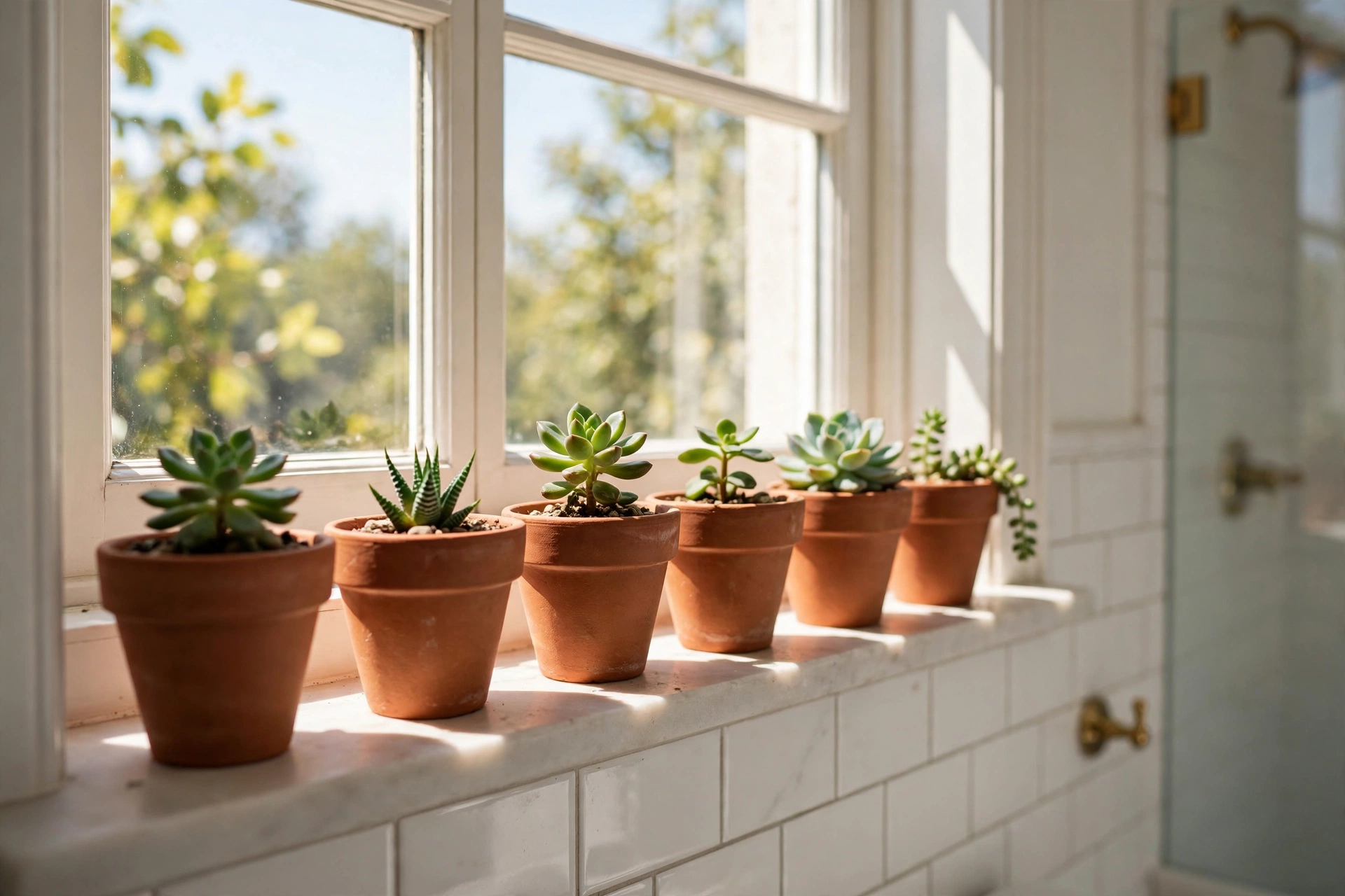 Small Succulents On Bathroom Windowsill