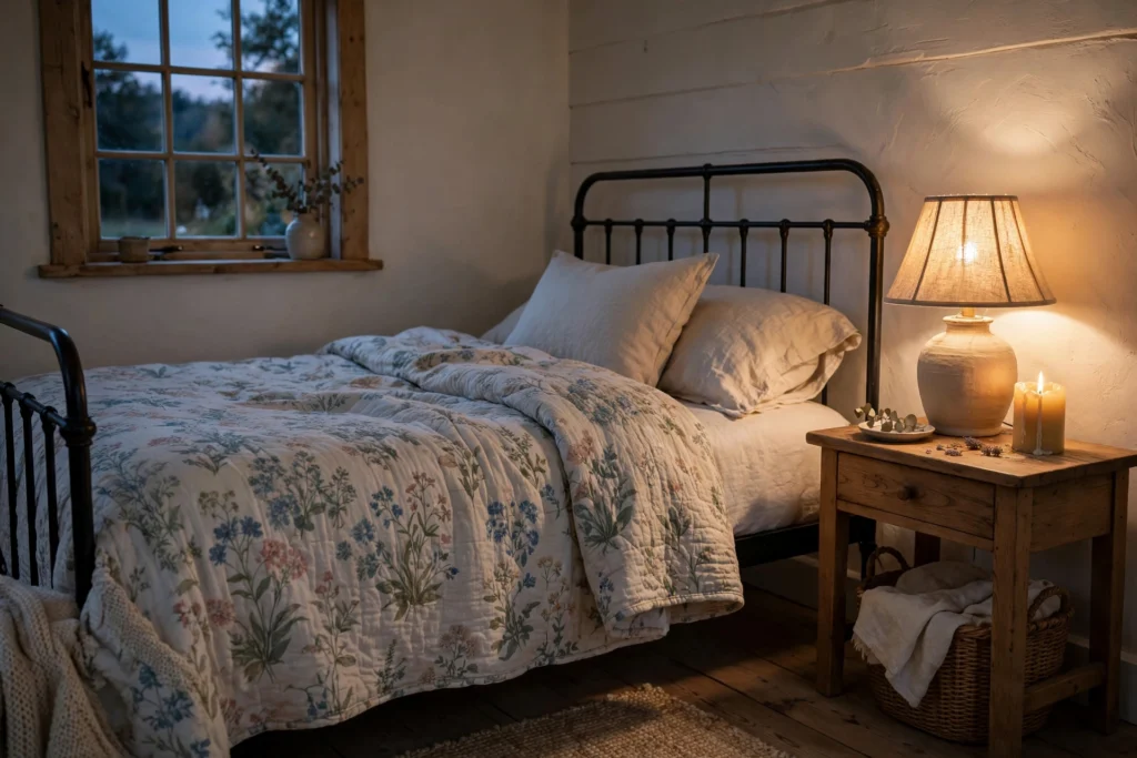 Warm bedside lamp with linen shade and lit candle in a cozy cottage bedroom