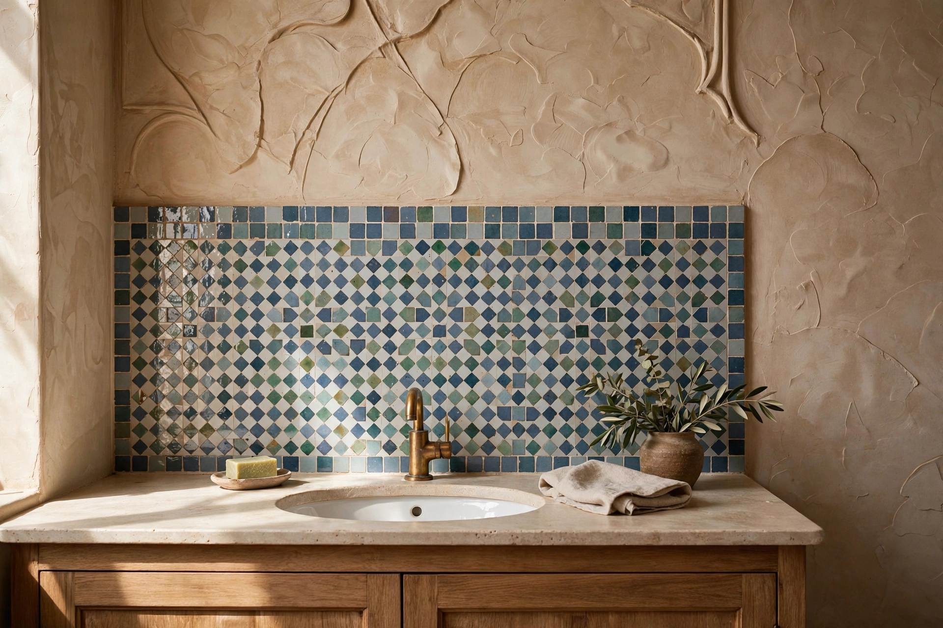 Chic Tile Backsplash Behind Bathroom Sink