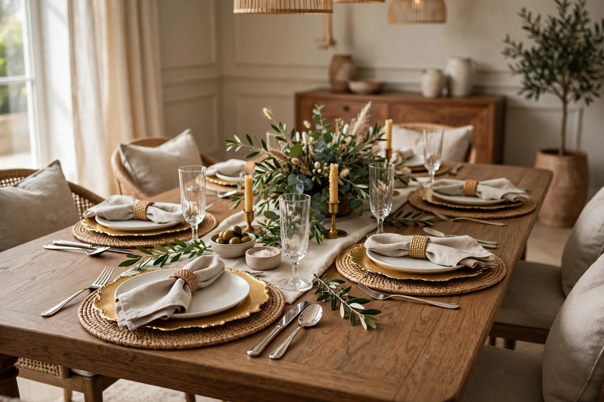 Dining Table Dressed With Chargers And Cloth Napkins