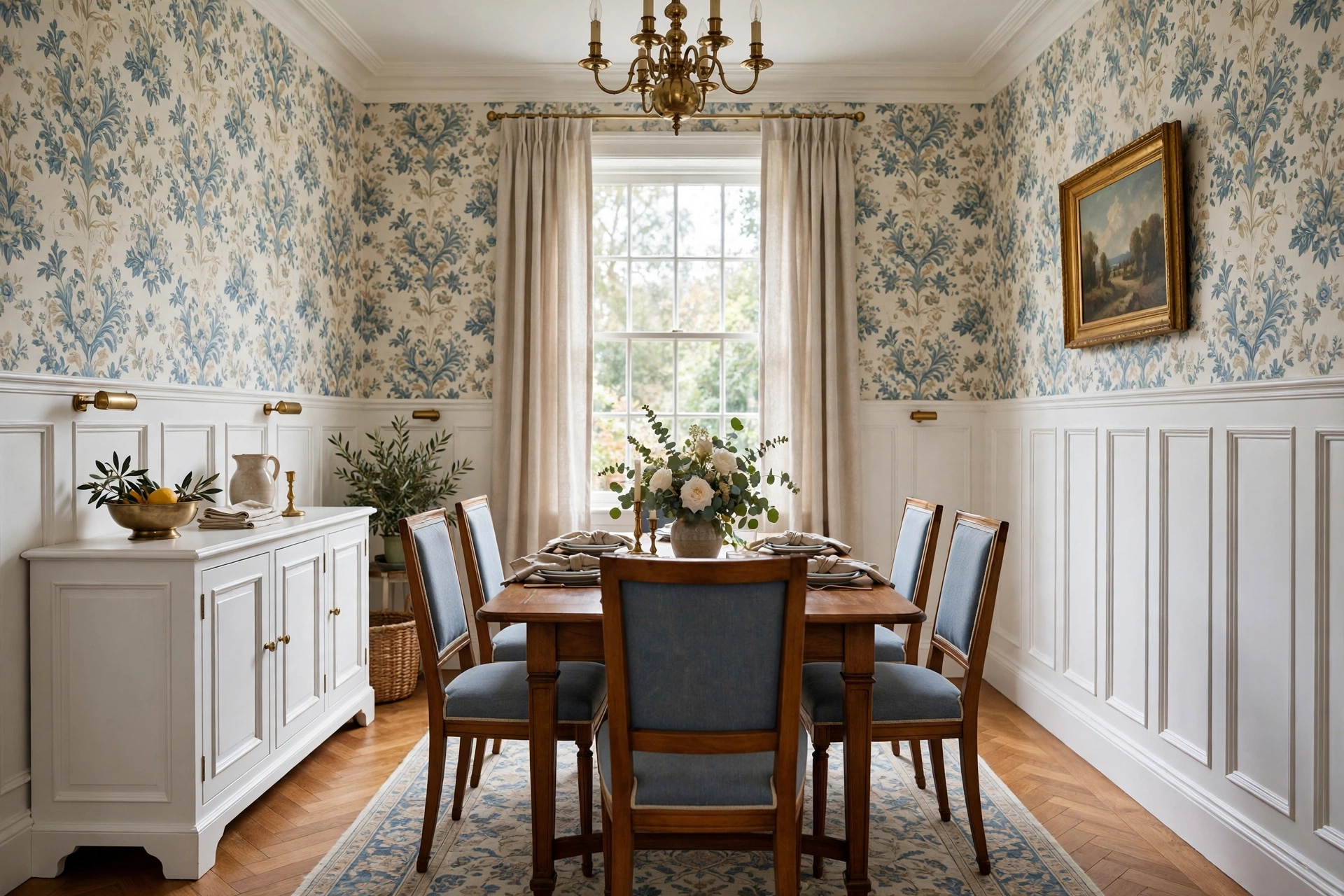 Dining Room With Wainscoting And Wallpaper Above