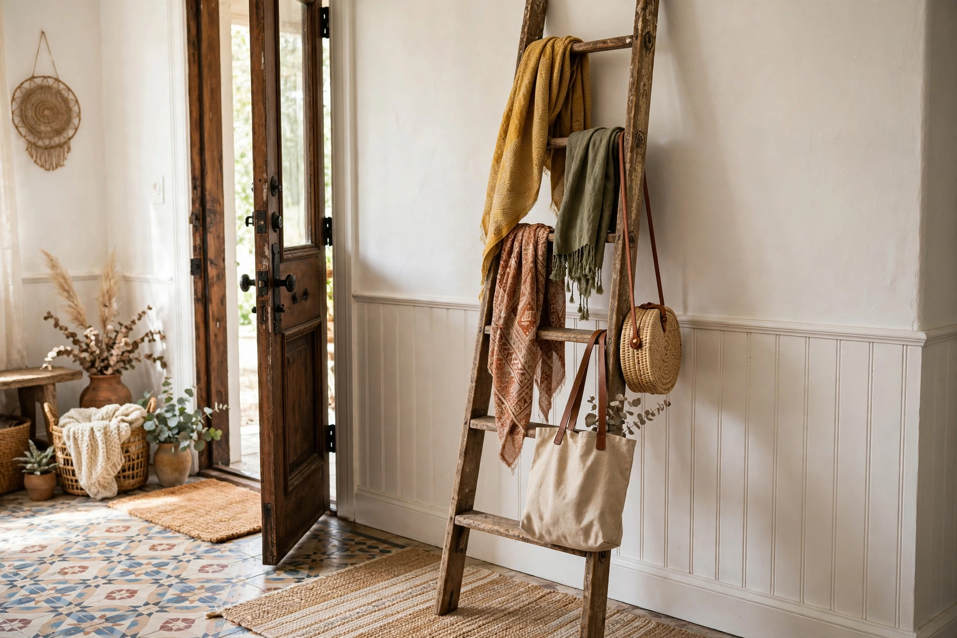 Vintage Wooden Ladder Used As Coat Rack
