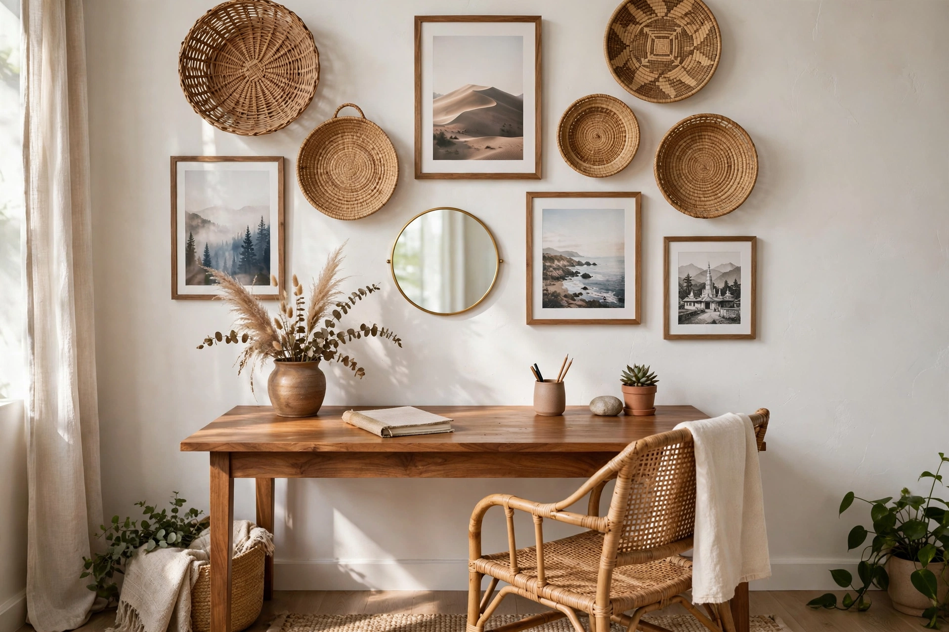 Eclectic gallery wall with travel prints and woven baskets in a boho home office