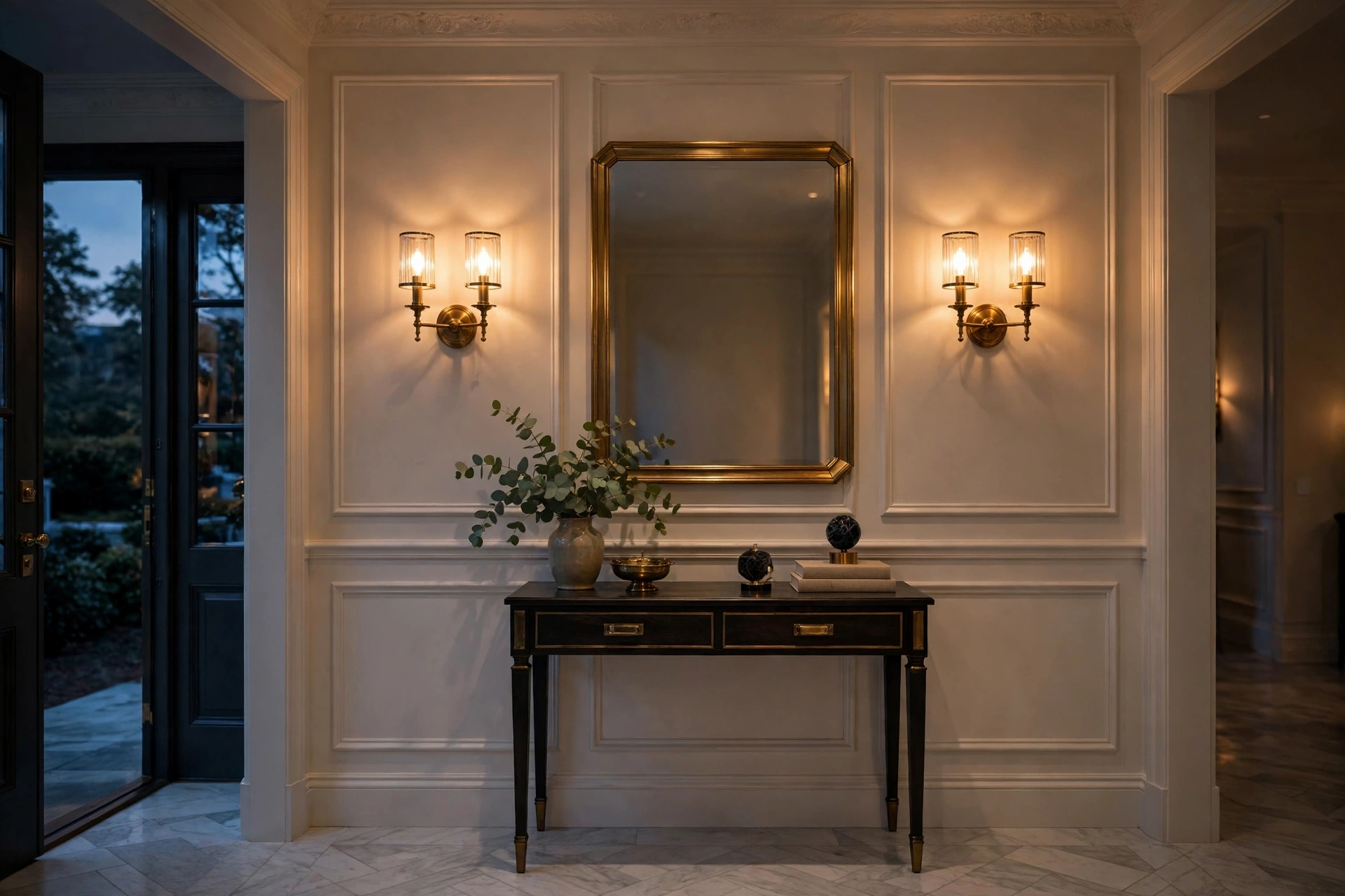 Brass Wall Sconces Glowing Above Entryway Console