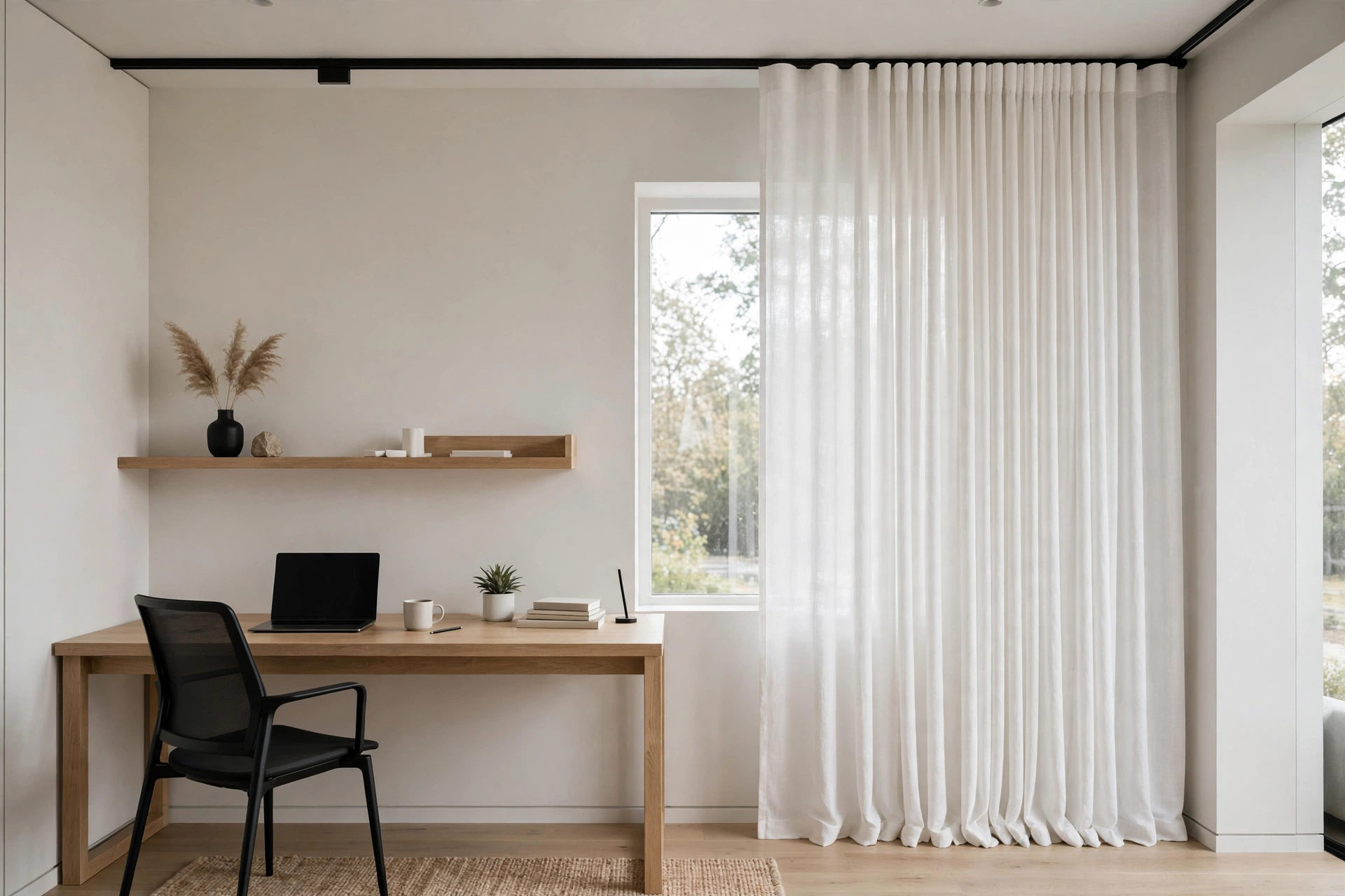 Ceiling Mounted Curtain Track In A Modern Home Office
