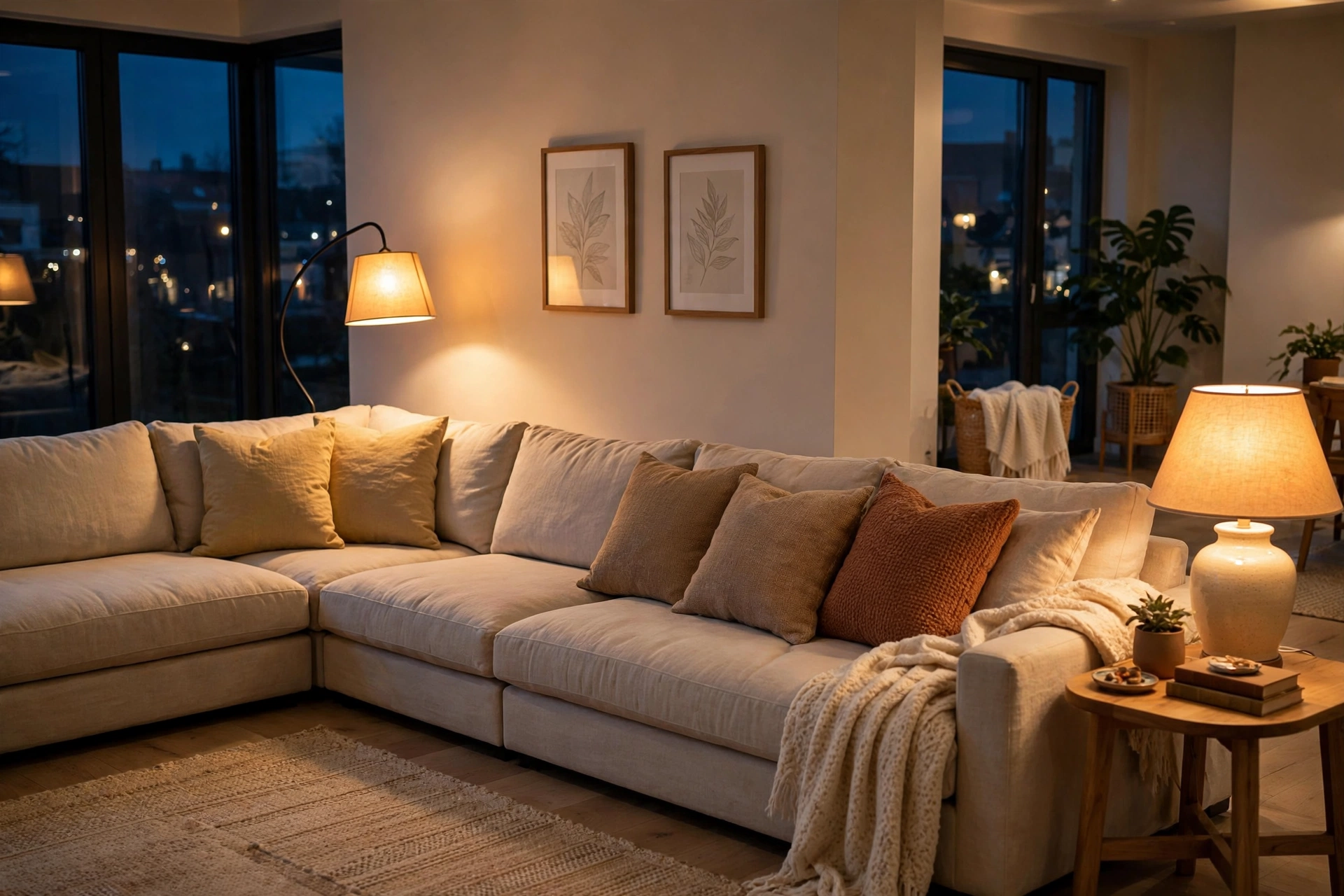Floor Lamp And Table Lamp Lighting Both Ends Of Sectional