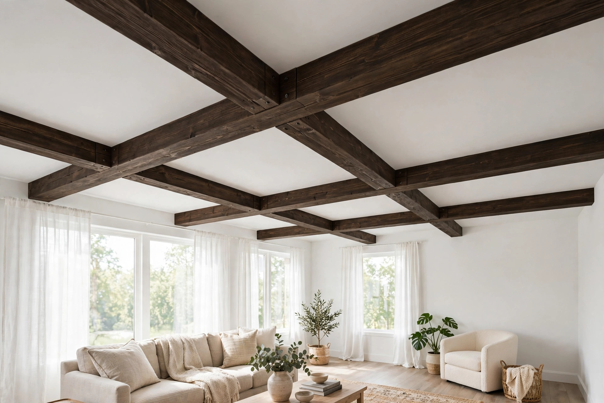 Faux Wood Beams On Living Room Ceiling For Budget Style
