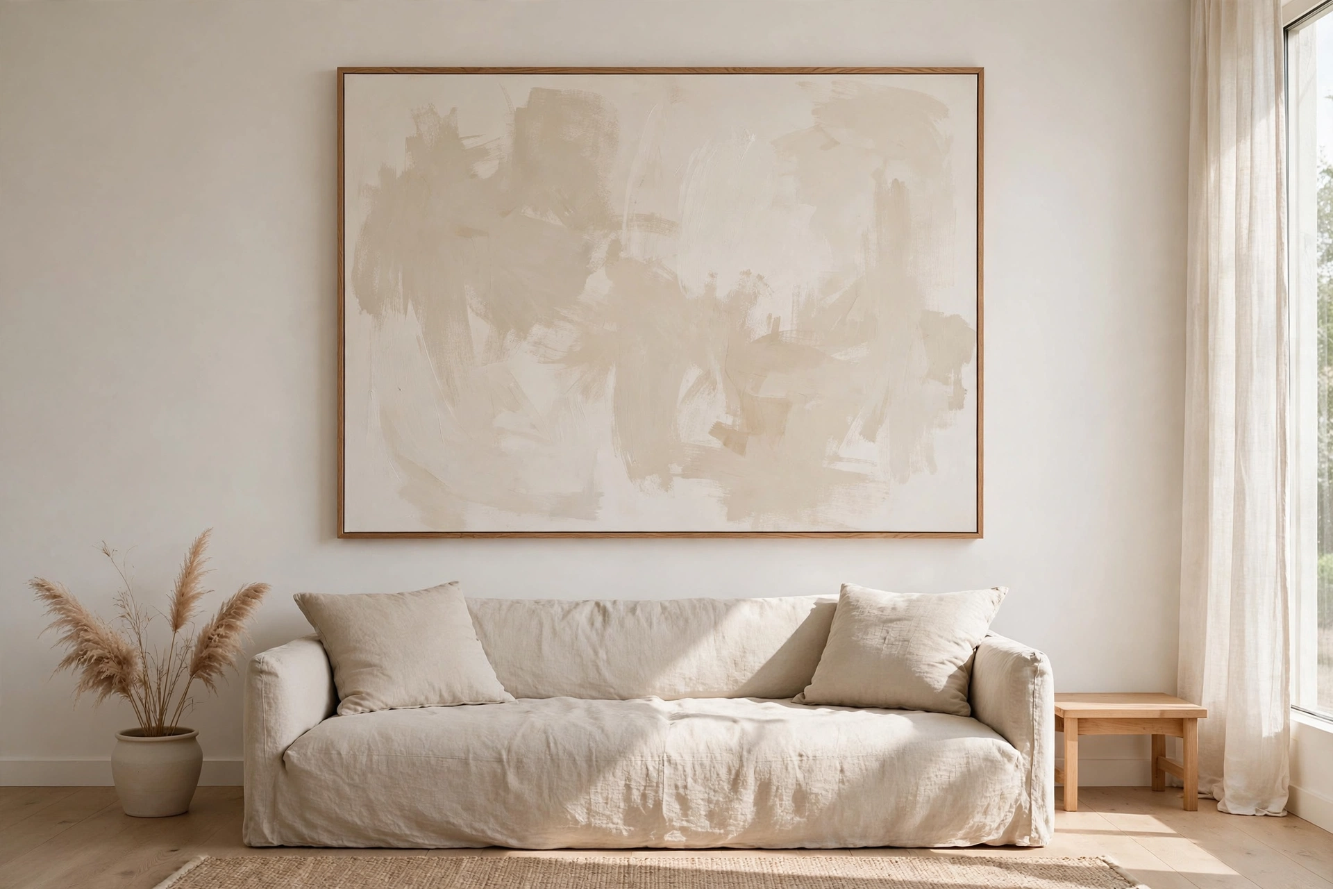Oversized abstract neutral artwork above sofa in minimalist living room