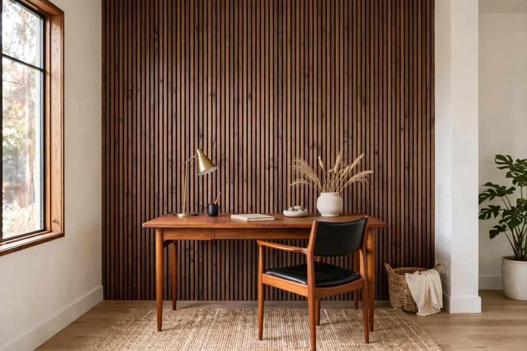 Walnut wood-slat accent wall behind teak writing desk in mid-century home office