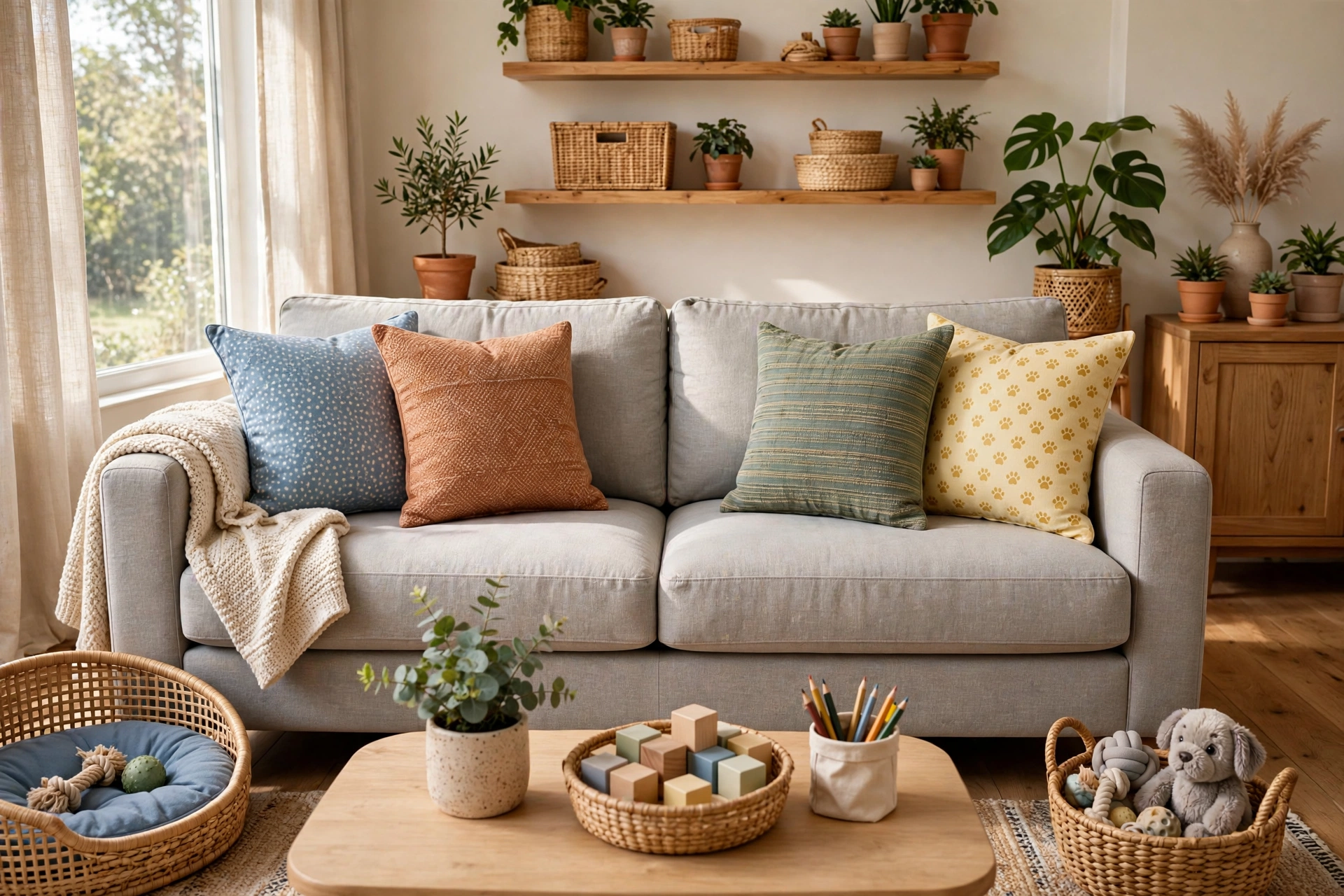 Durable Performance Fabric Throw Pillows In Family Living Room