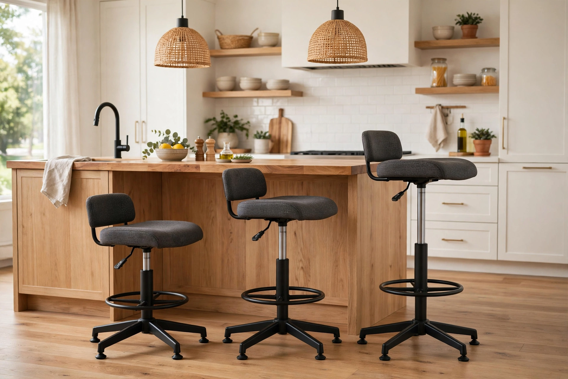Adjustable-height bar stools with gas lift at a kitchen island