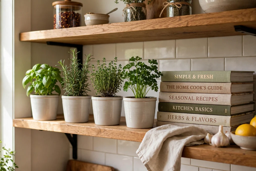 Matching herb pots styled on open kitchen shelving beside cookbooks