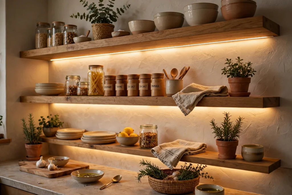 Warm light strips glowing beneath wooden open kitchen shelves