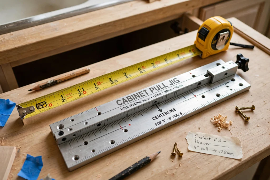 Measuring tape and hardware jig used to mark cabinet pull positions in a kitchen