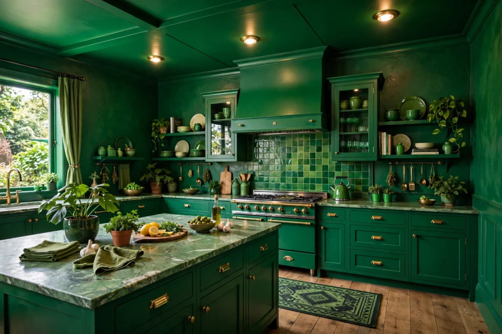 Color-drenched green walls and ceiling in a bold kitchen
